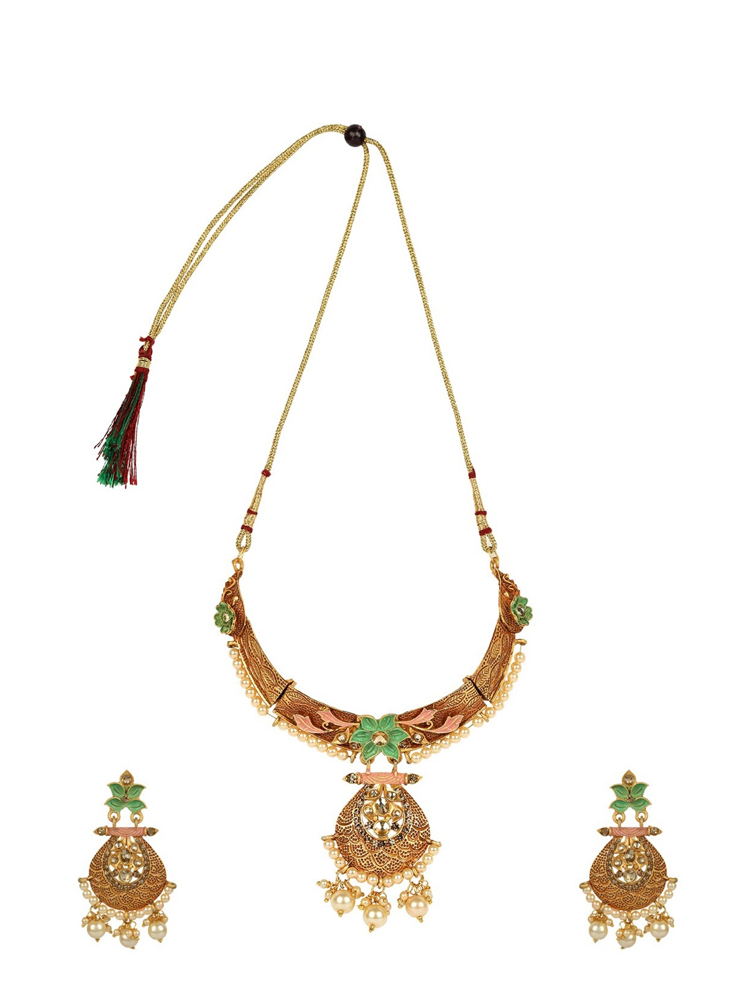 

ANIKAS CREATION Gold-Plated Sea Green & Pink Enamelled Stone-Studded Beaded Jewellery Set