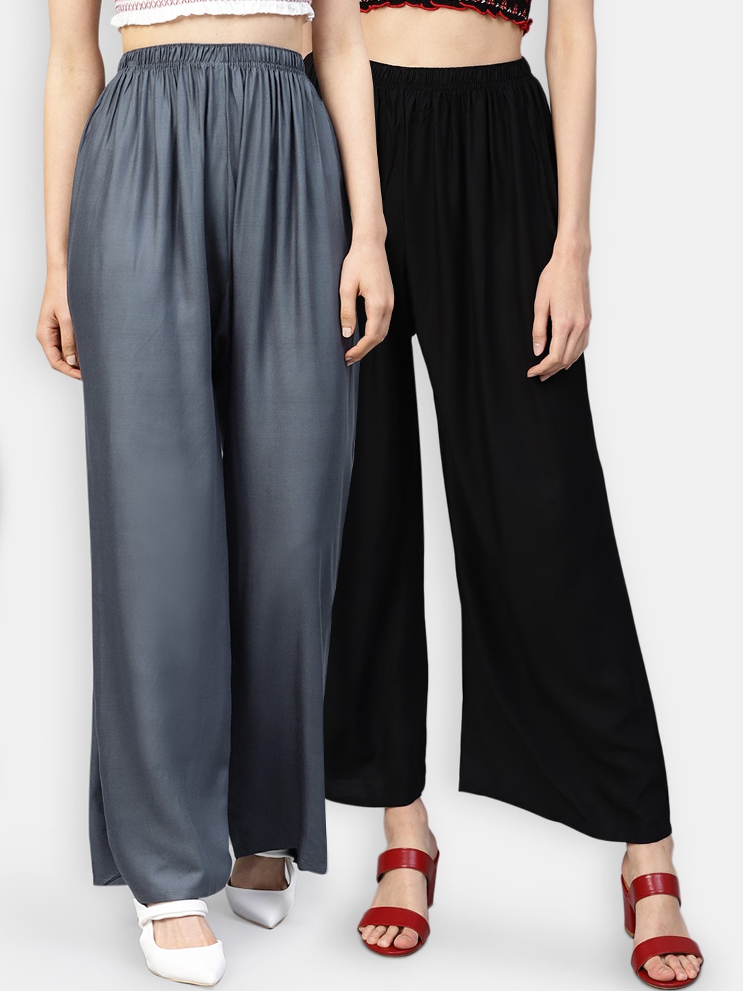 

Jompers Women Pack Of 2 Black & Grey Solid Wide Leg Palazzos