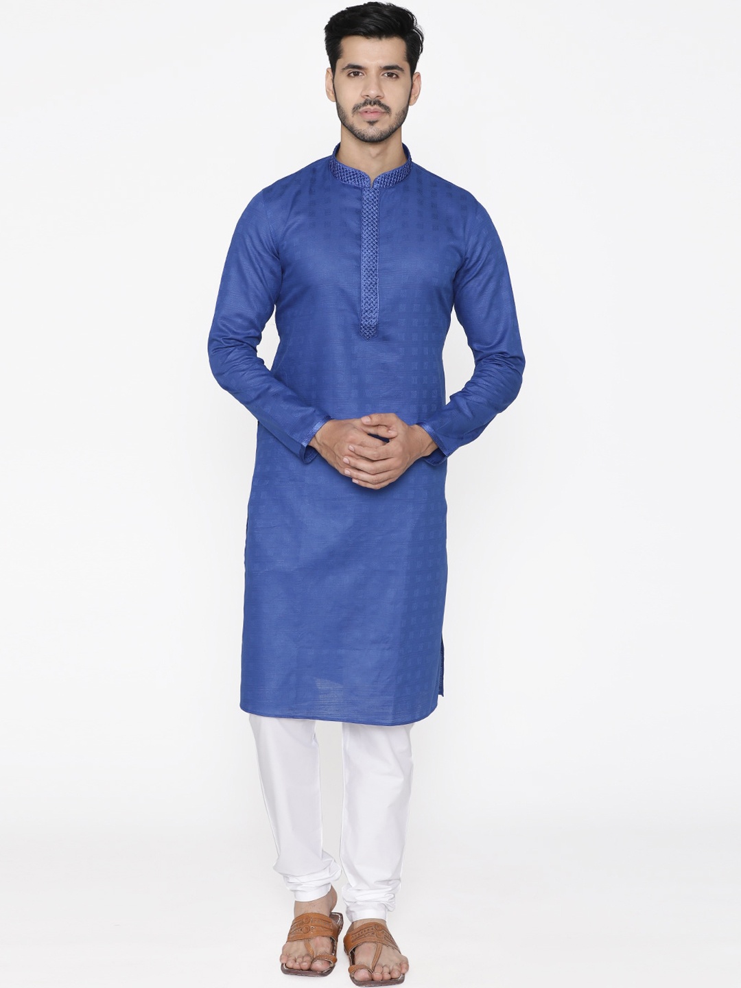 

Manyavar Men Blue & White Self Design Kurta with Churidar