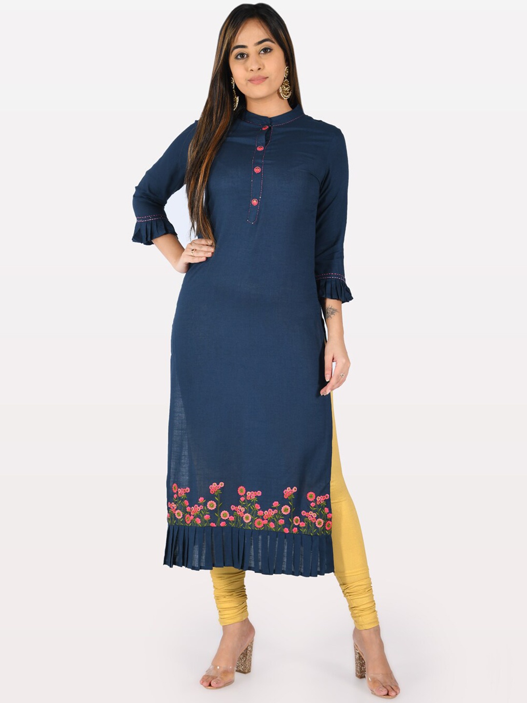 

Neerus Women Navy Blue & Pink Embroidered Straight Kurta