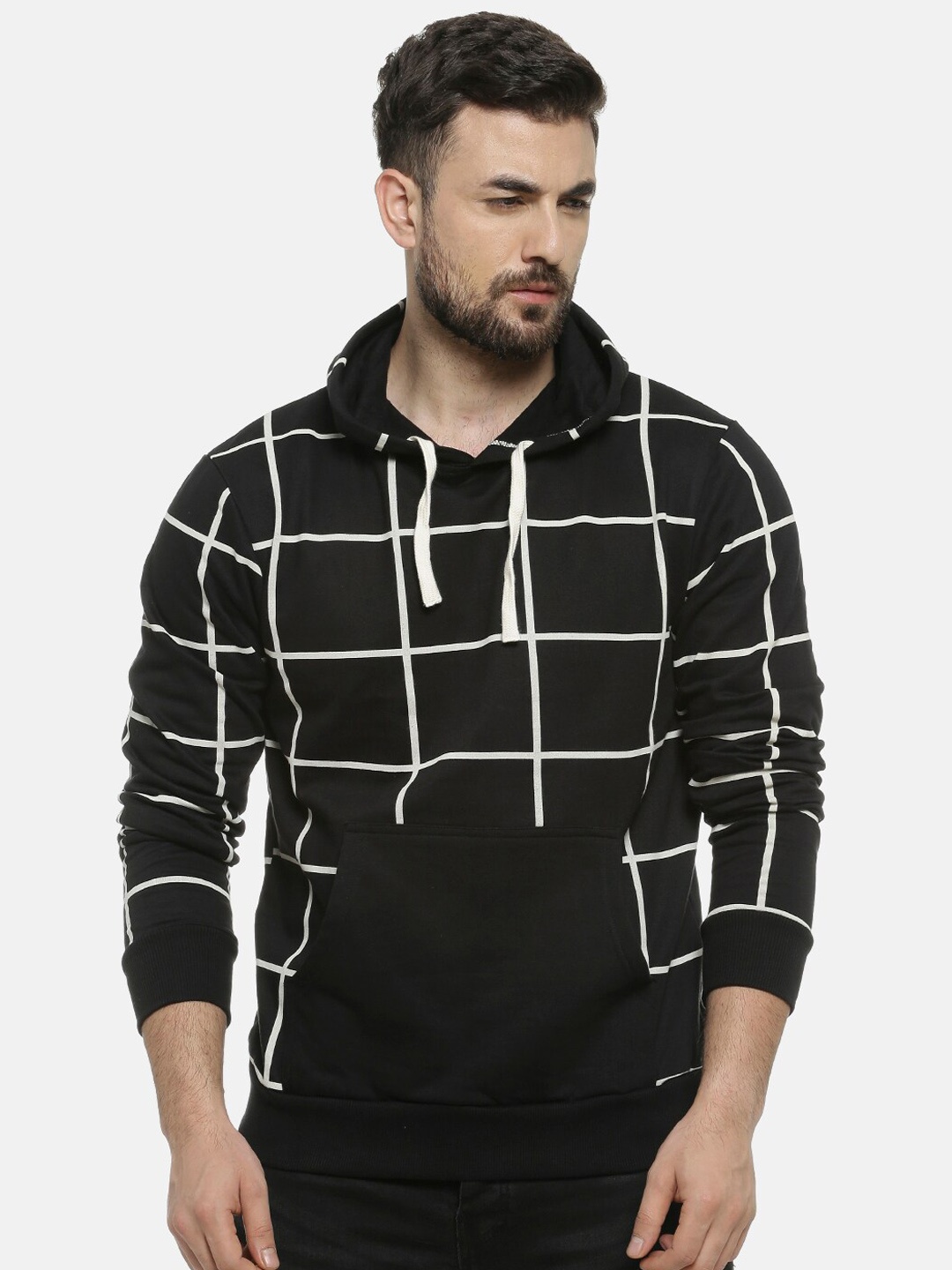 

Campus Sutra Men Black & White Checked Hooded Pullover Sweatshirt
