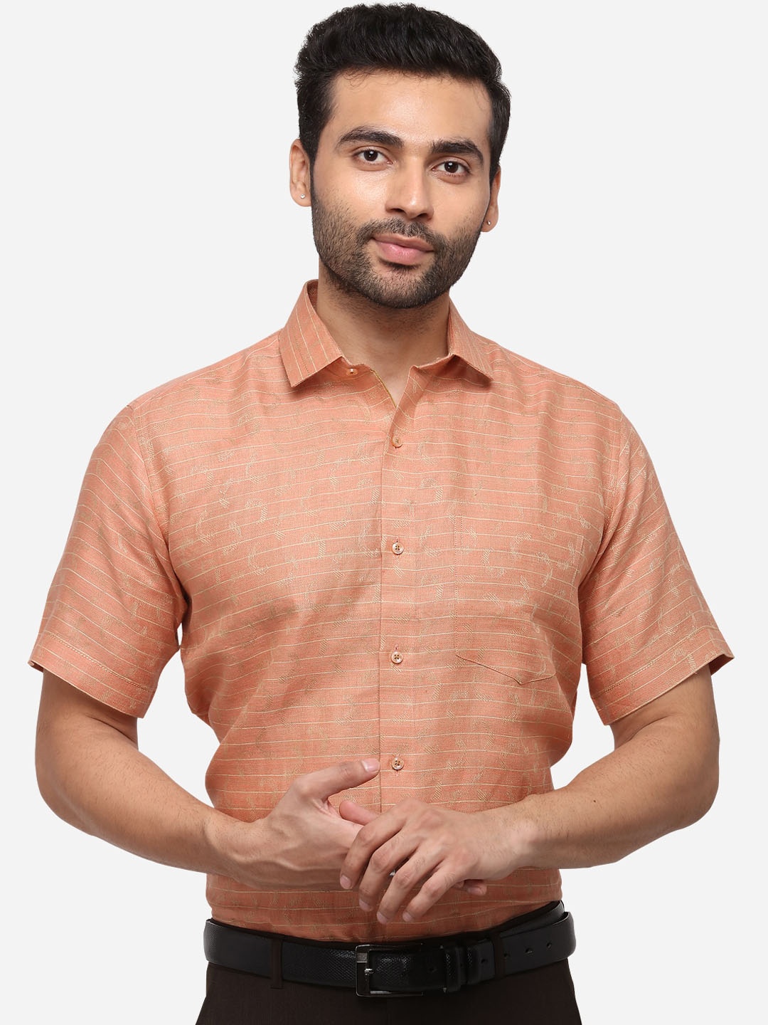 

JB STUDIO Men Orange & Cream-Coloured Slim Fit Striped Formal Shirt