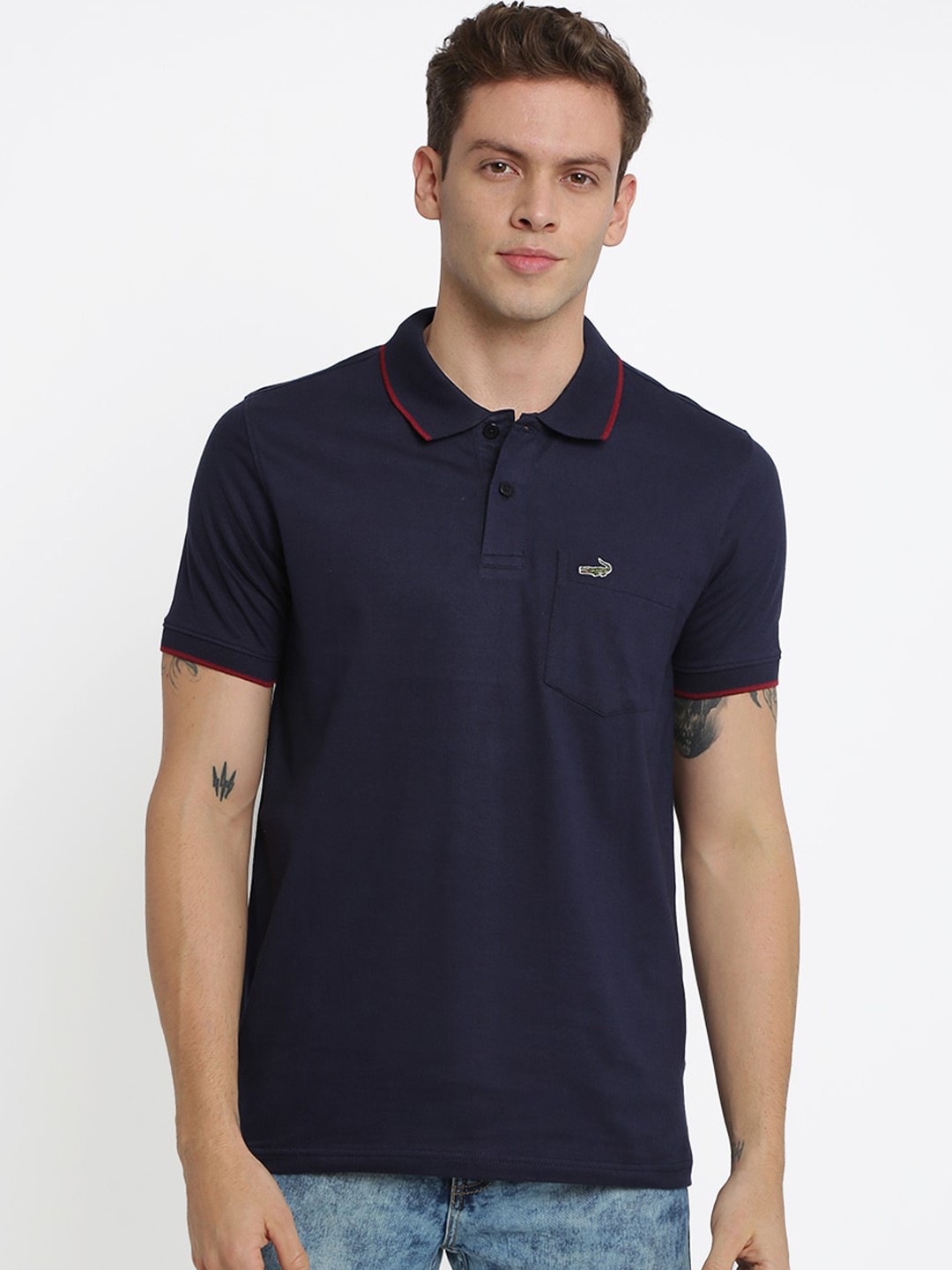 

Crocodile Men Navy Blue Solid Polo Collar T-shirt