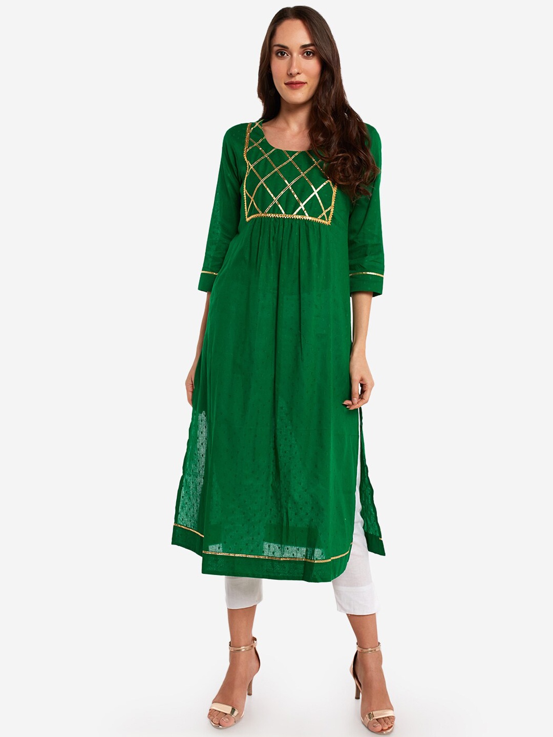 

Desi Weavess Women Green & Gold-Coloured Printed Anarkali Kurta