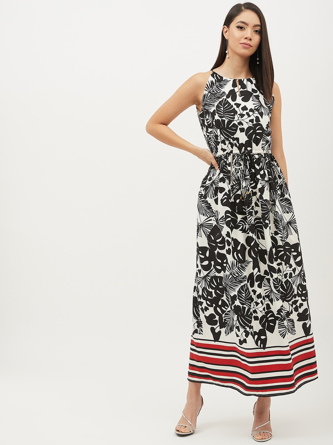 

Harpa Women White & Black Floral Printed A-Line Dress