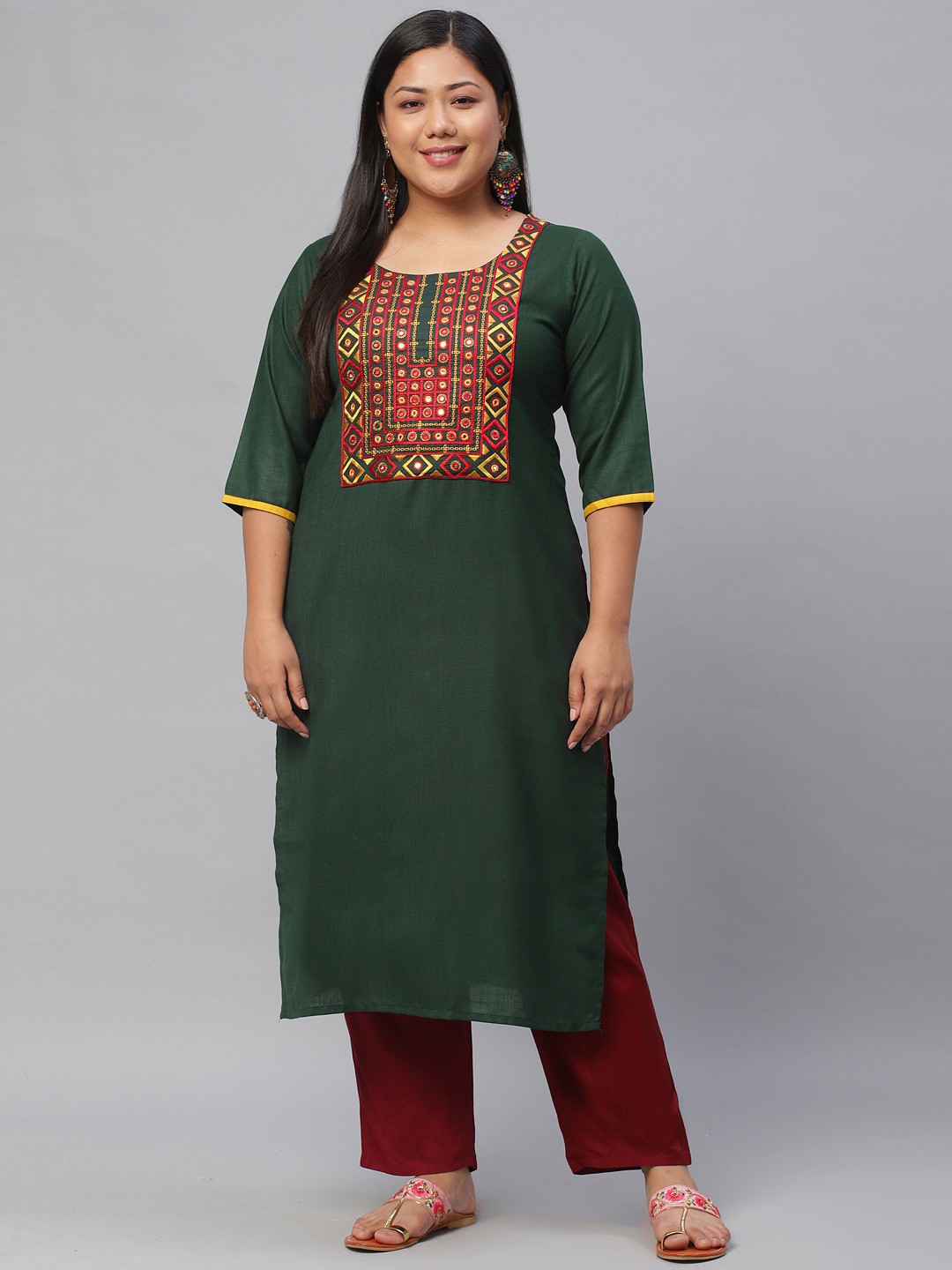 

EXTRA LOVE BY LIBAS Plus Size Women Green & Red Geometric Yoke Design Mirror Work Kurta