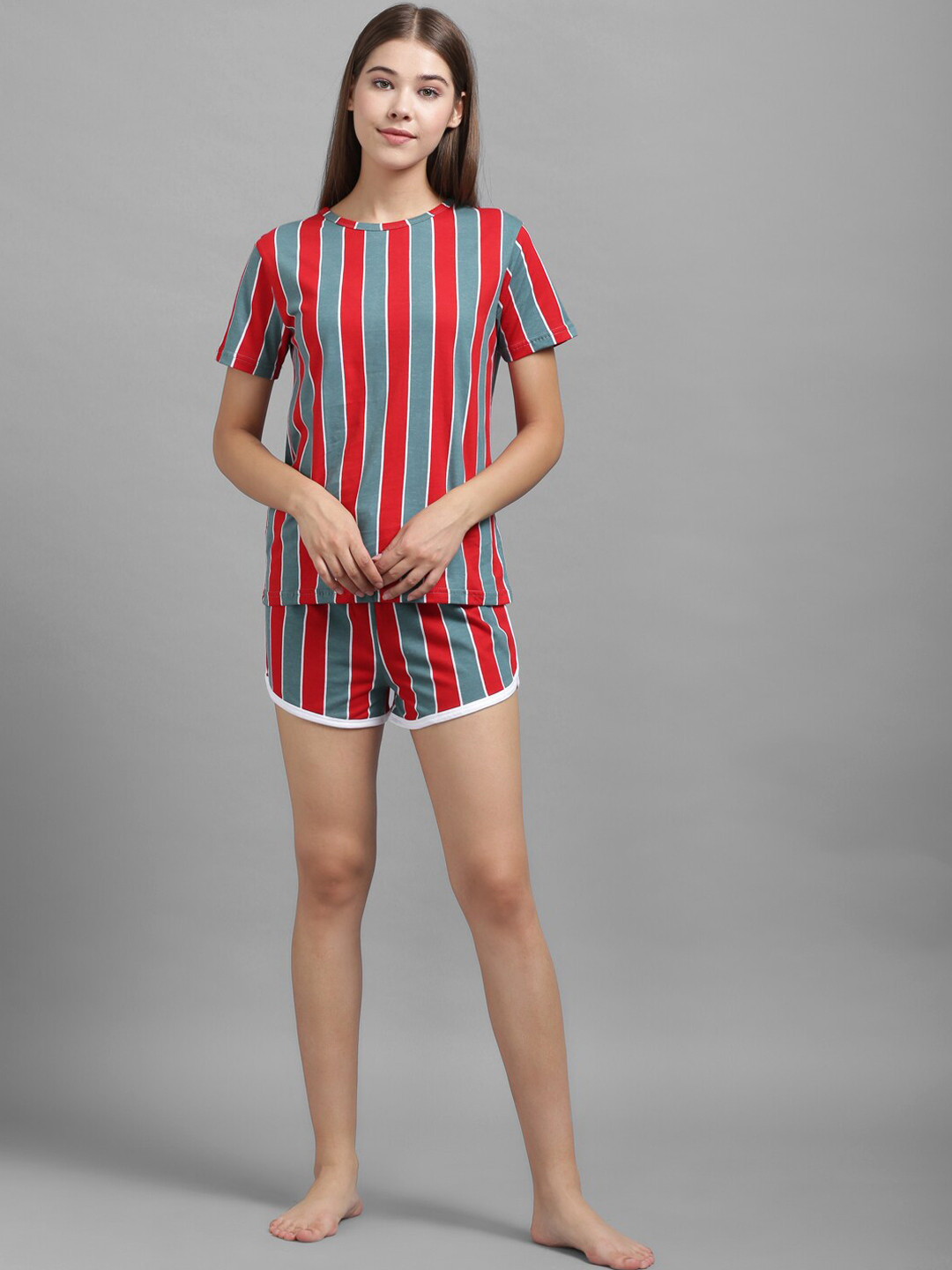 

Kotty Women Grey & Red Striped Night Suit
