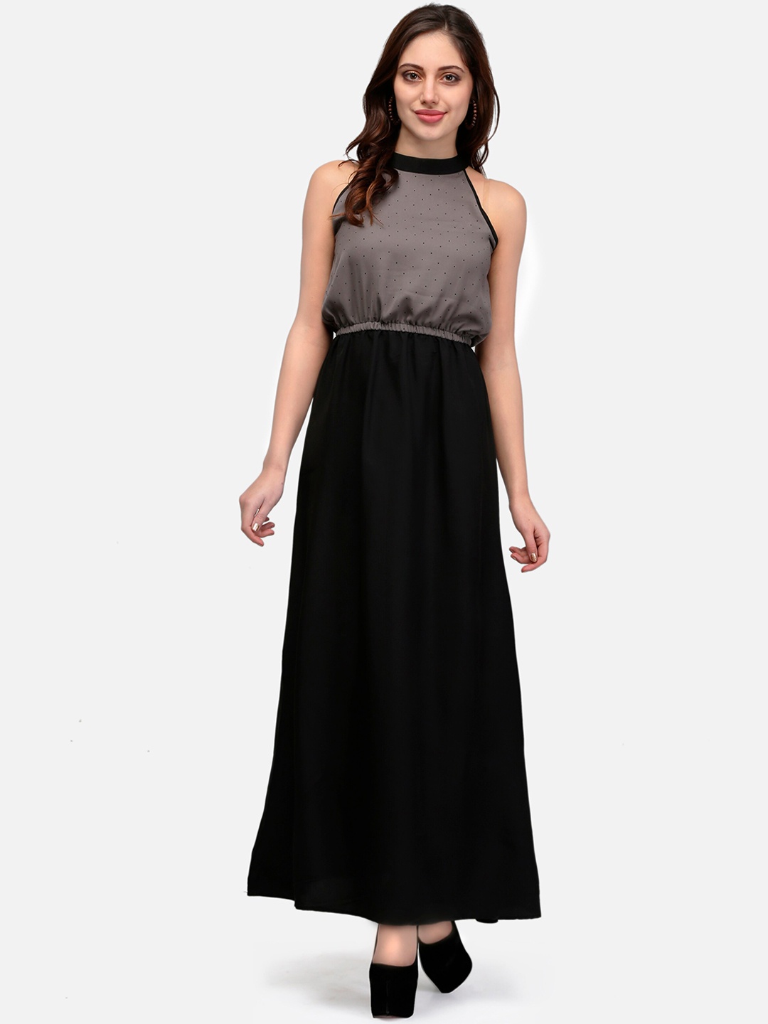 

V&M Women Grey & Black Solid Maxi Dress