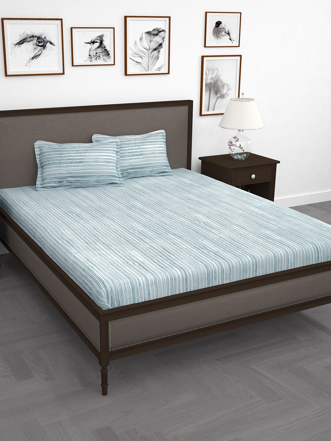 

Story@home White & Blue Striped 210 TC Cotton 1 King Bedsheet with 2 Pillow Covers