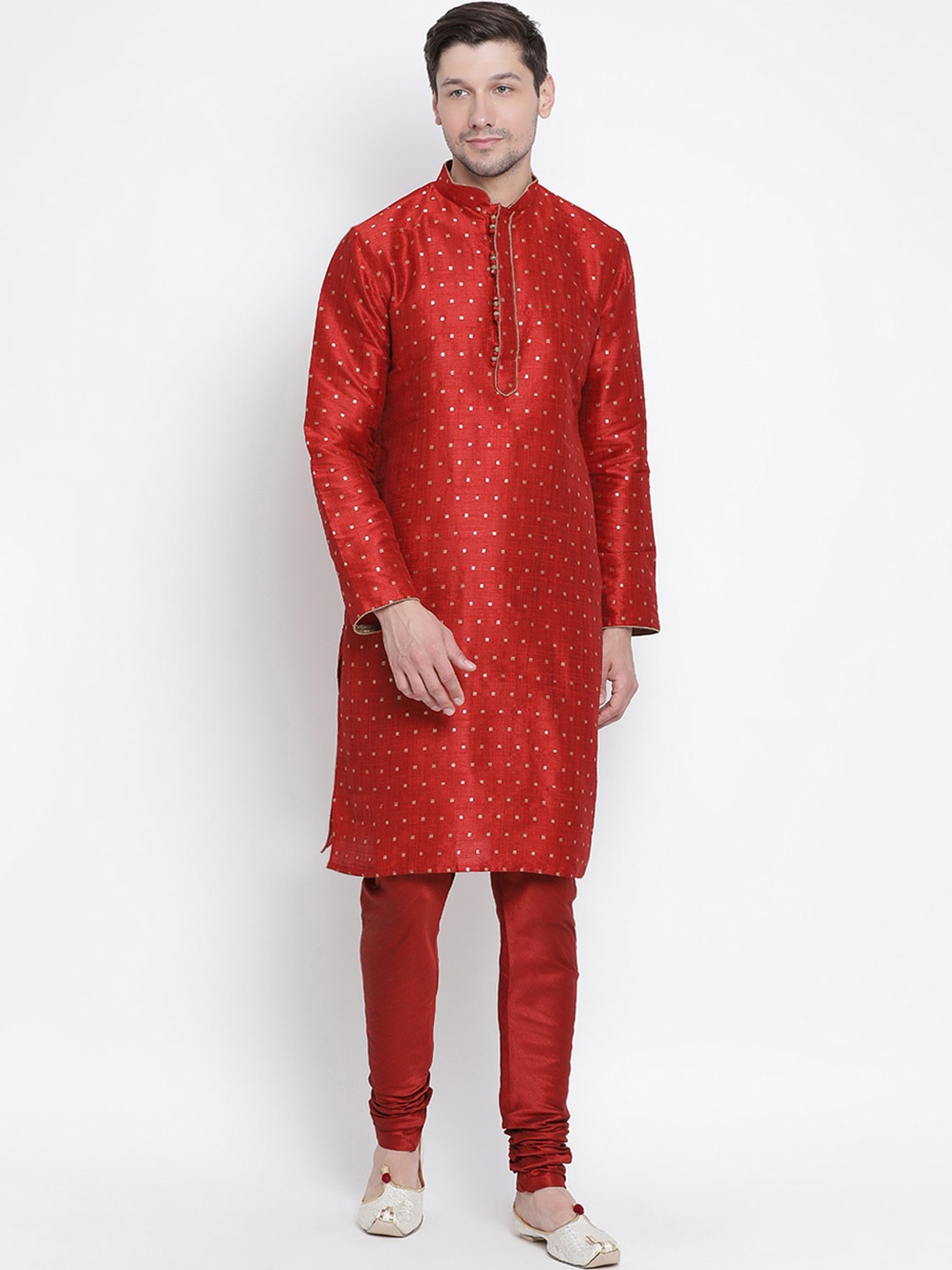 

VASTRAMAY Men Maroon & Gold-Coloured Woven Design Kurta with Churidar