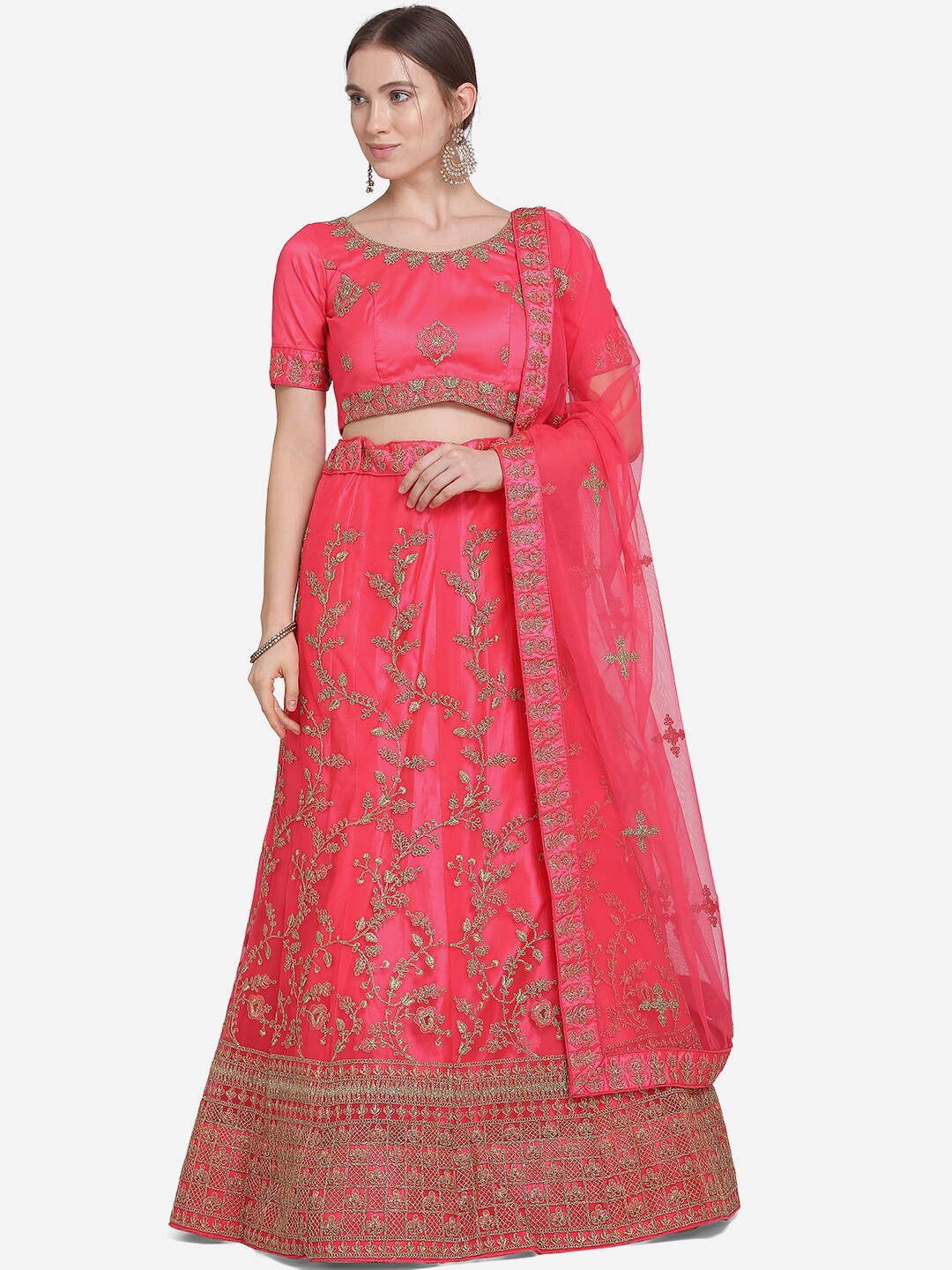 

VRSALES Coral & Gold-Toned Embroidered Semi-Stitched Lehenga & Unstitched Blouse with Dupatta