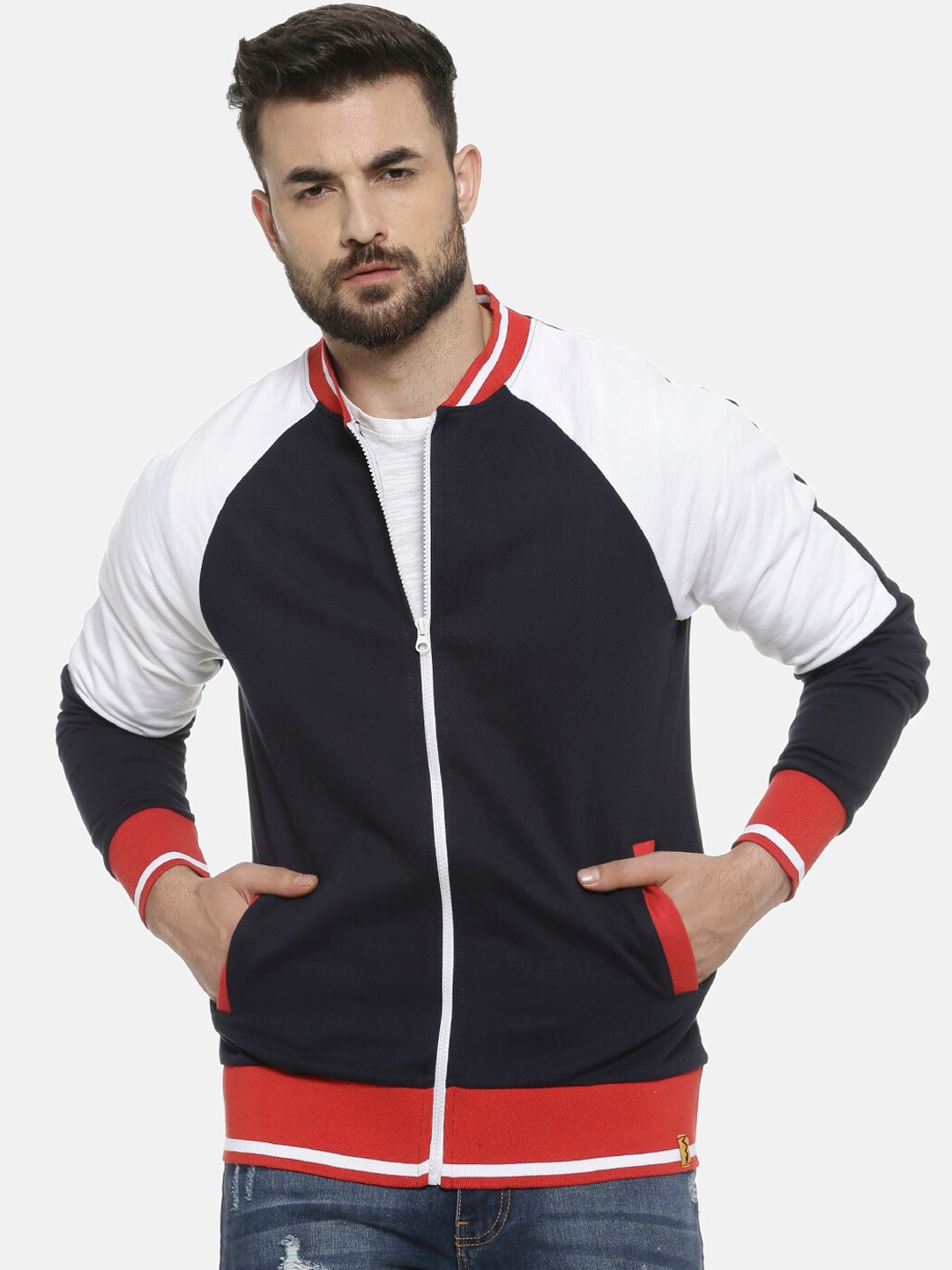 

Campus Sutra Men Navy Blue & White Colourblocked Windcheater Open Front Jacket
