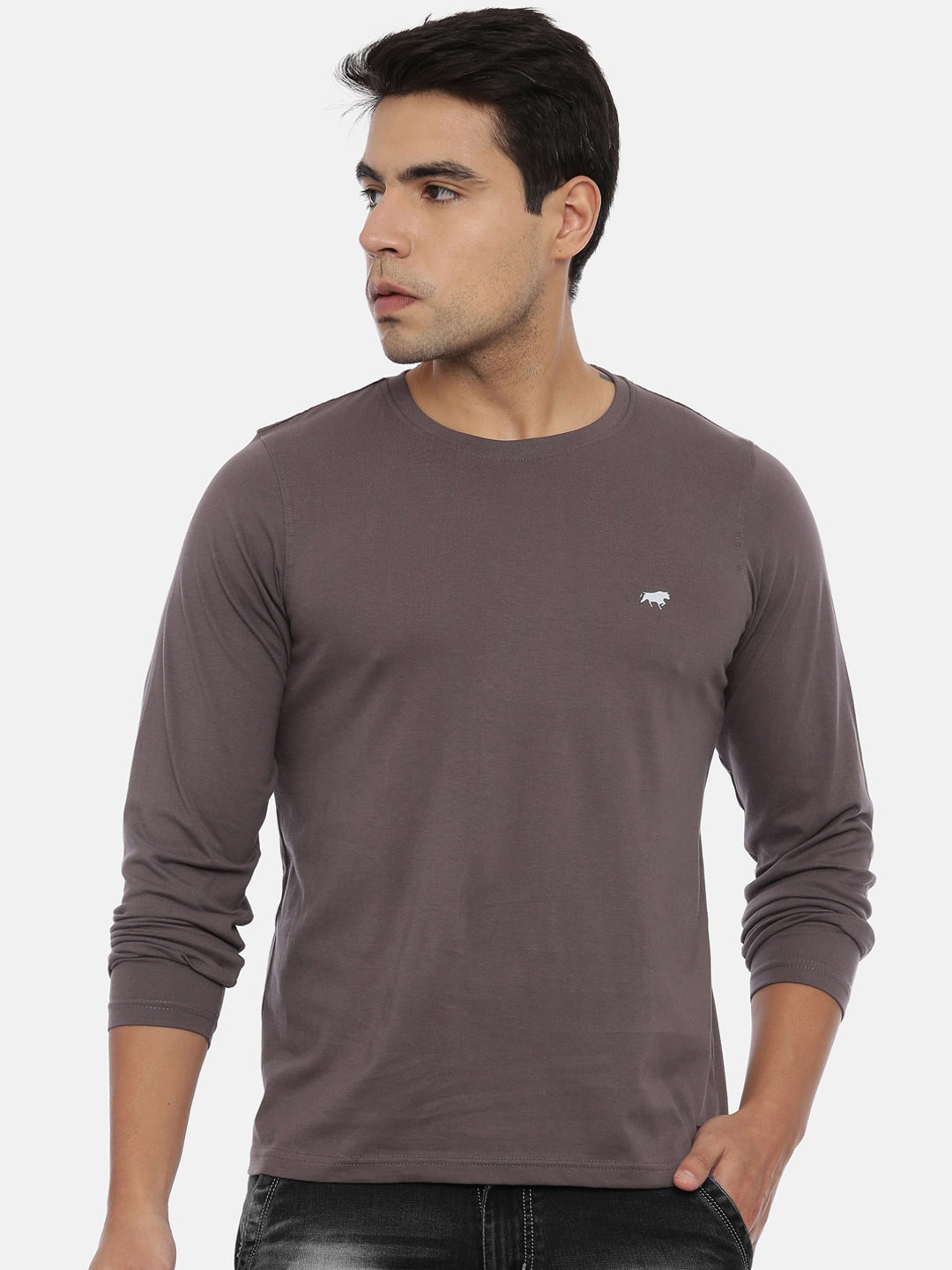 

Bushirt Men Taupe Solid Round Neck Pure Cotton T-shirt