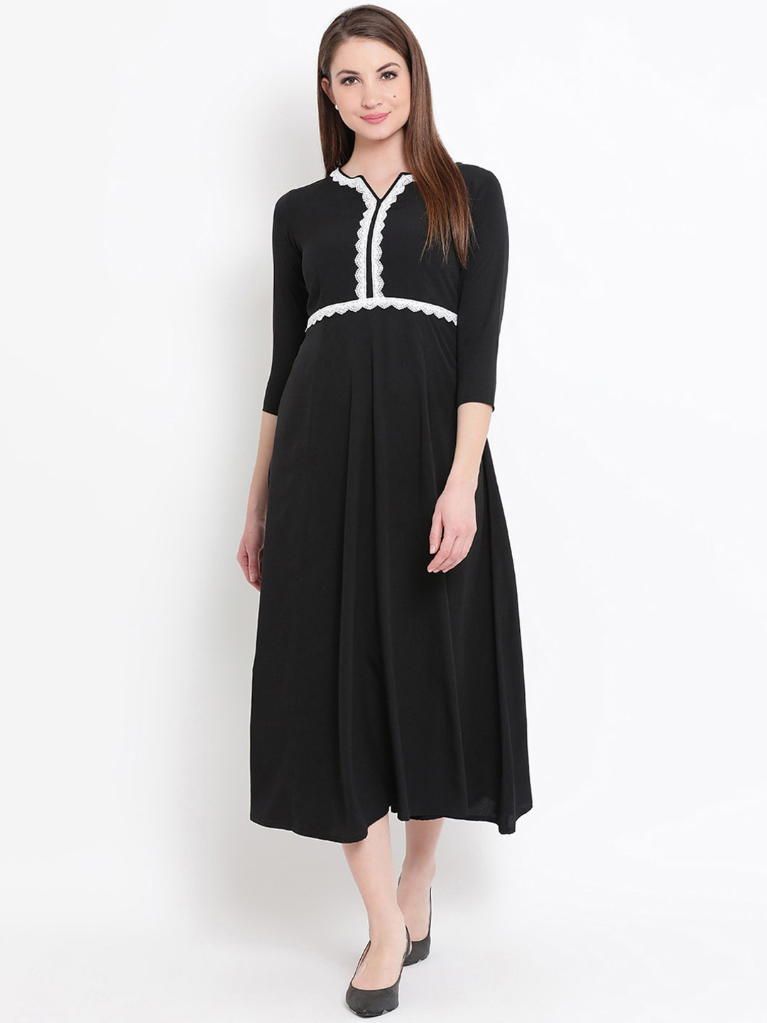

FABNEST Women Black & White Solid Fit and Flare Dress With Lace Inserts