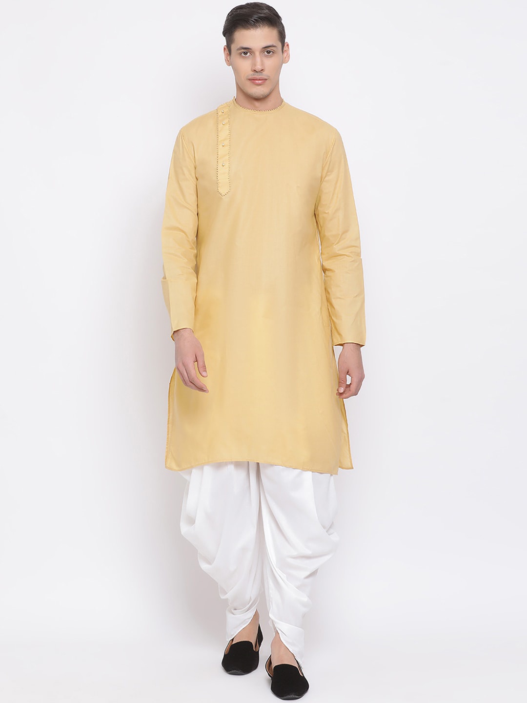 VASTRAMAY Men Beige & White Solid Kurta with Dhoti Pants