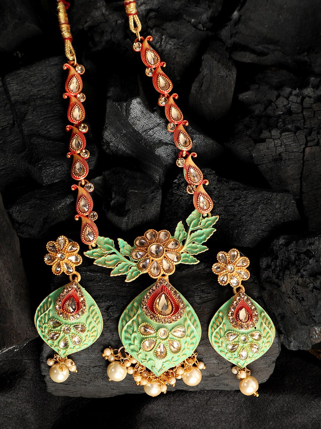 

ANIKAS CREATION Gold-Plated Green & Orange Stone-Studded Beaded Enamelled Sustainable Jewellery Set