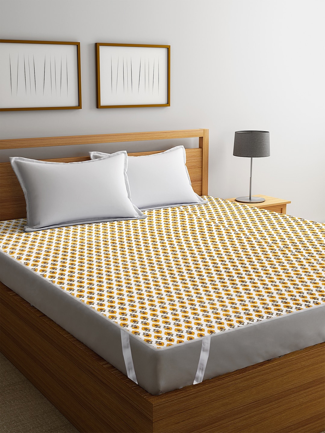 

Rajasthan Decor White & Yellow Screen Printed Quilted Double Bed Mattress Protector