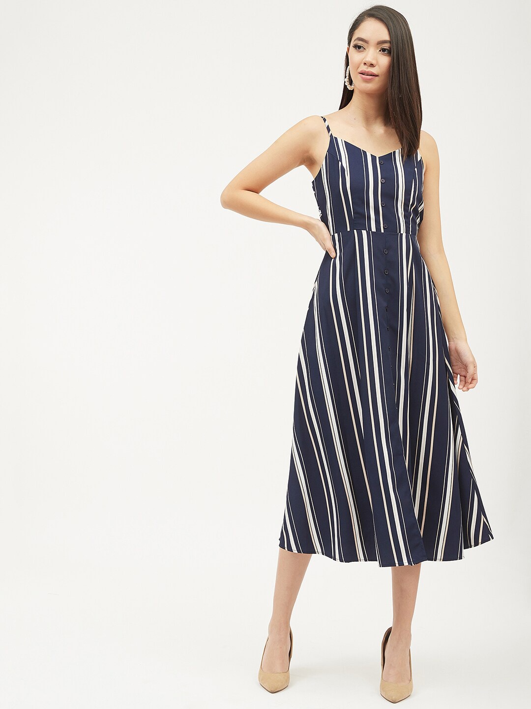 

Harpa Women Navy Blue & White Striped A-Line Dress