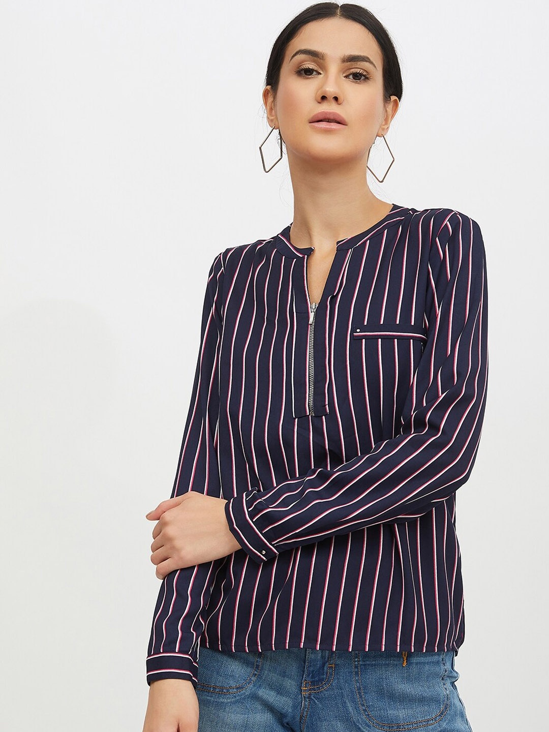 Harpa Women Navy Blue & White Striped Top