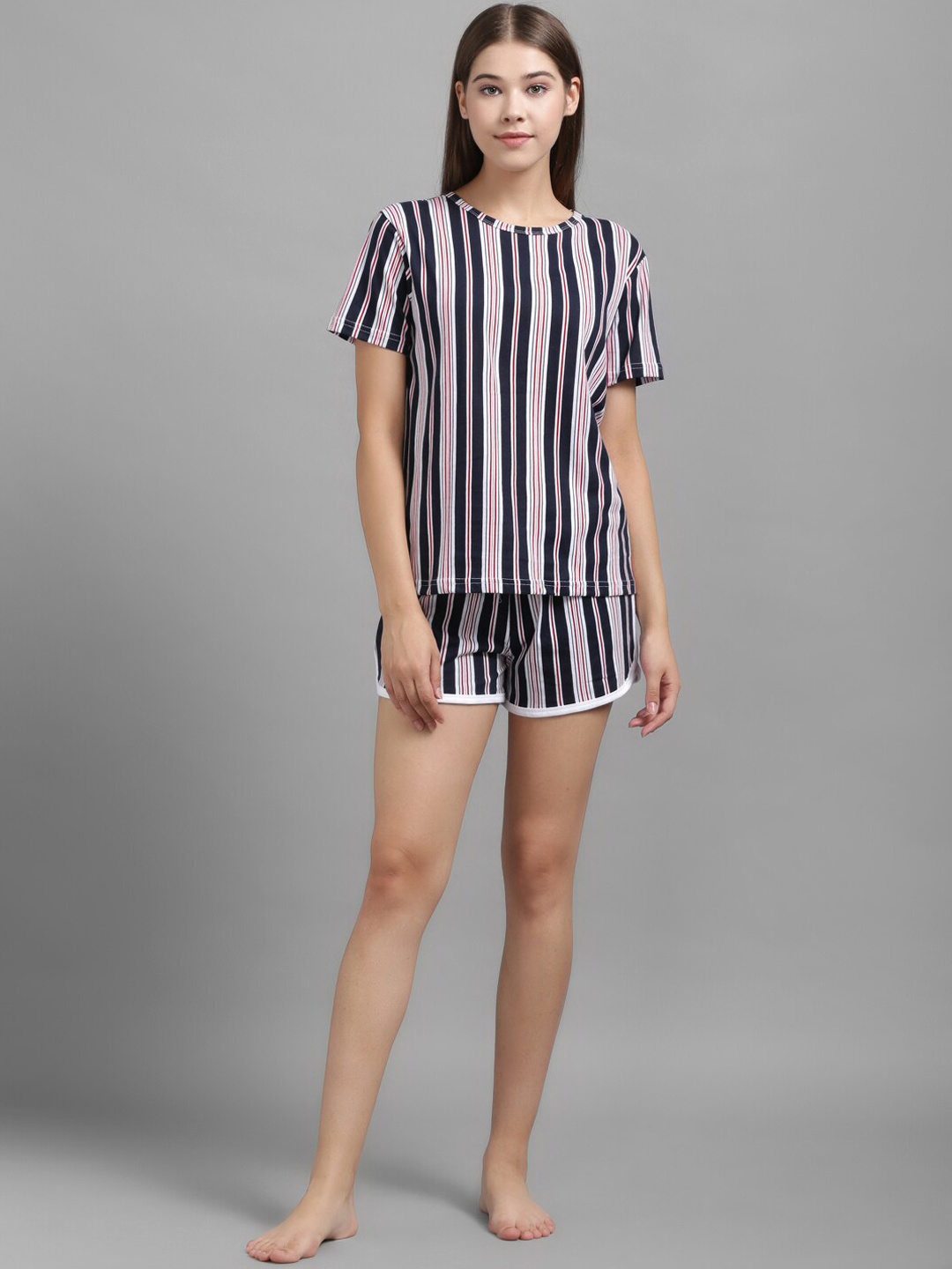 

Kotty Women Navy Blue & Pink Striped Night Suit