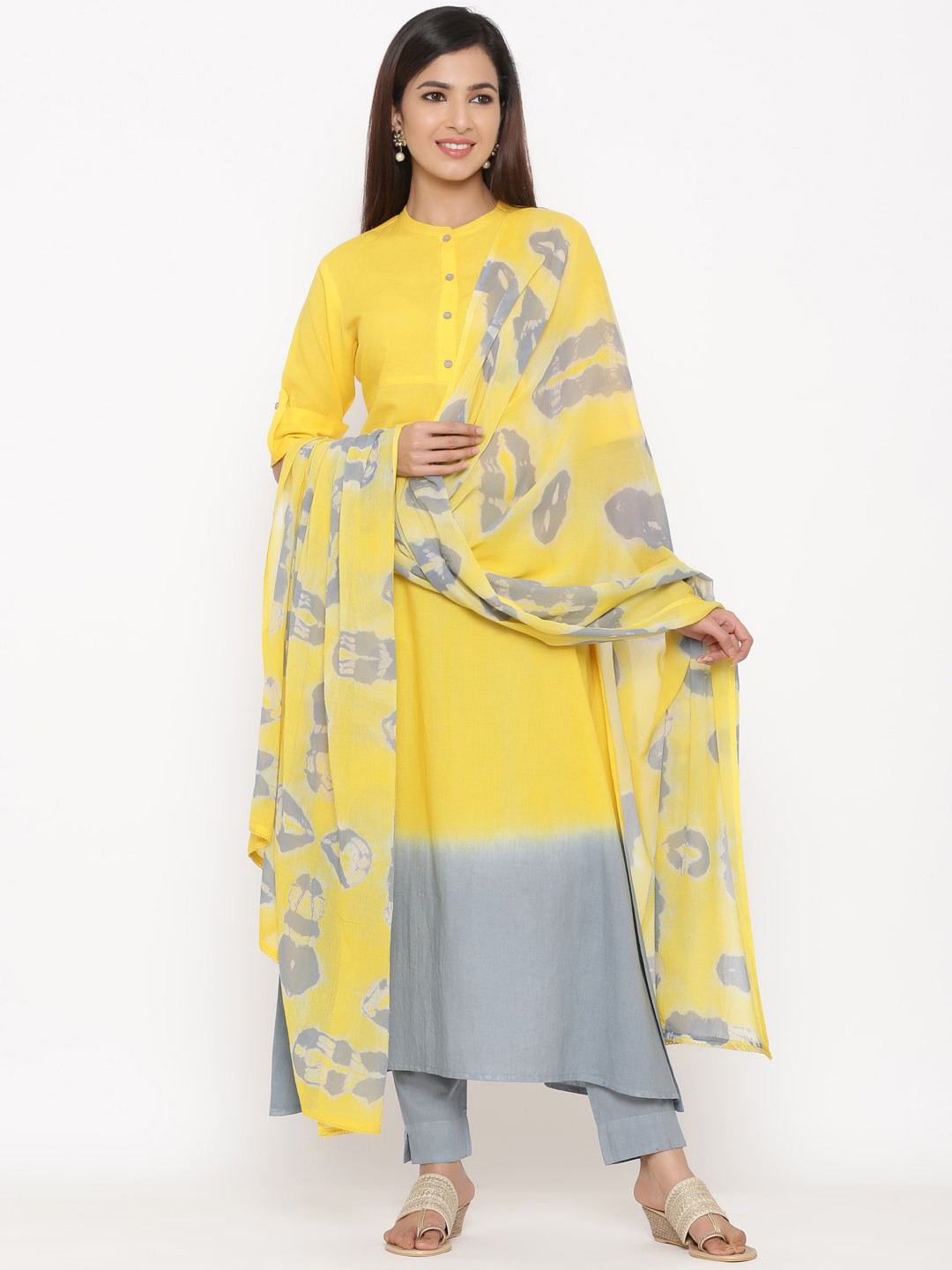 

kipek Women Yellow & Grey Colourblocked Kurta with Trousers & Dupatta