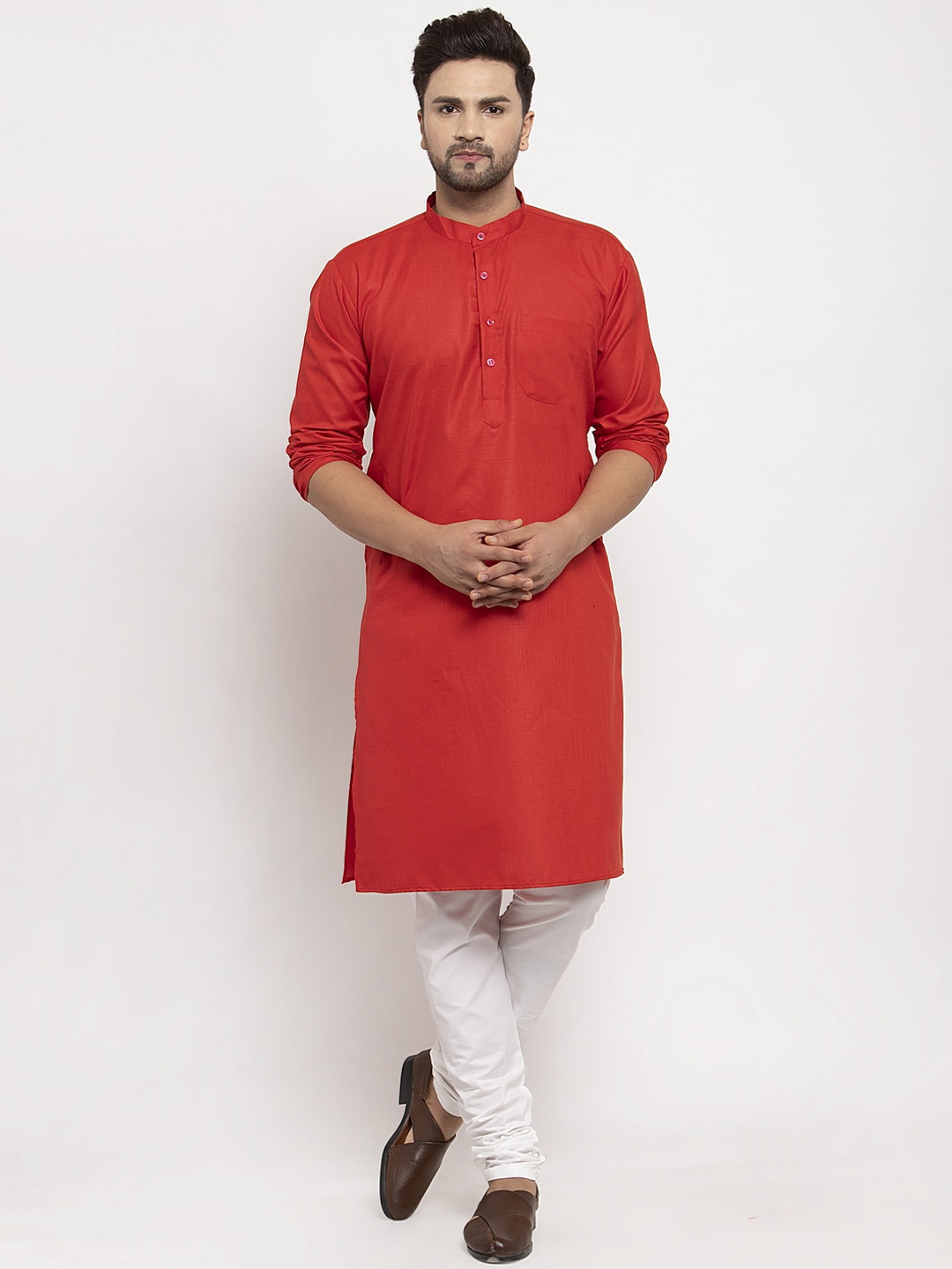 

Benstoke Men Red & Off-White Self Design Kurta with Churidar