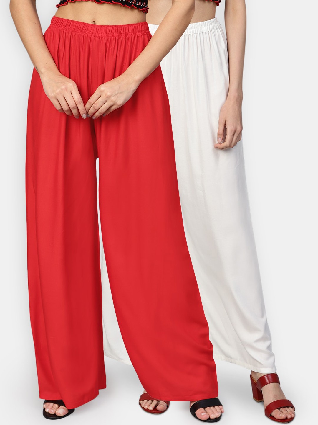 

Jompers Women Pack of 2 Off-White & Red Solid Wide Leg Palazzos