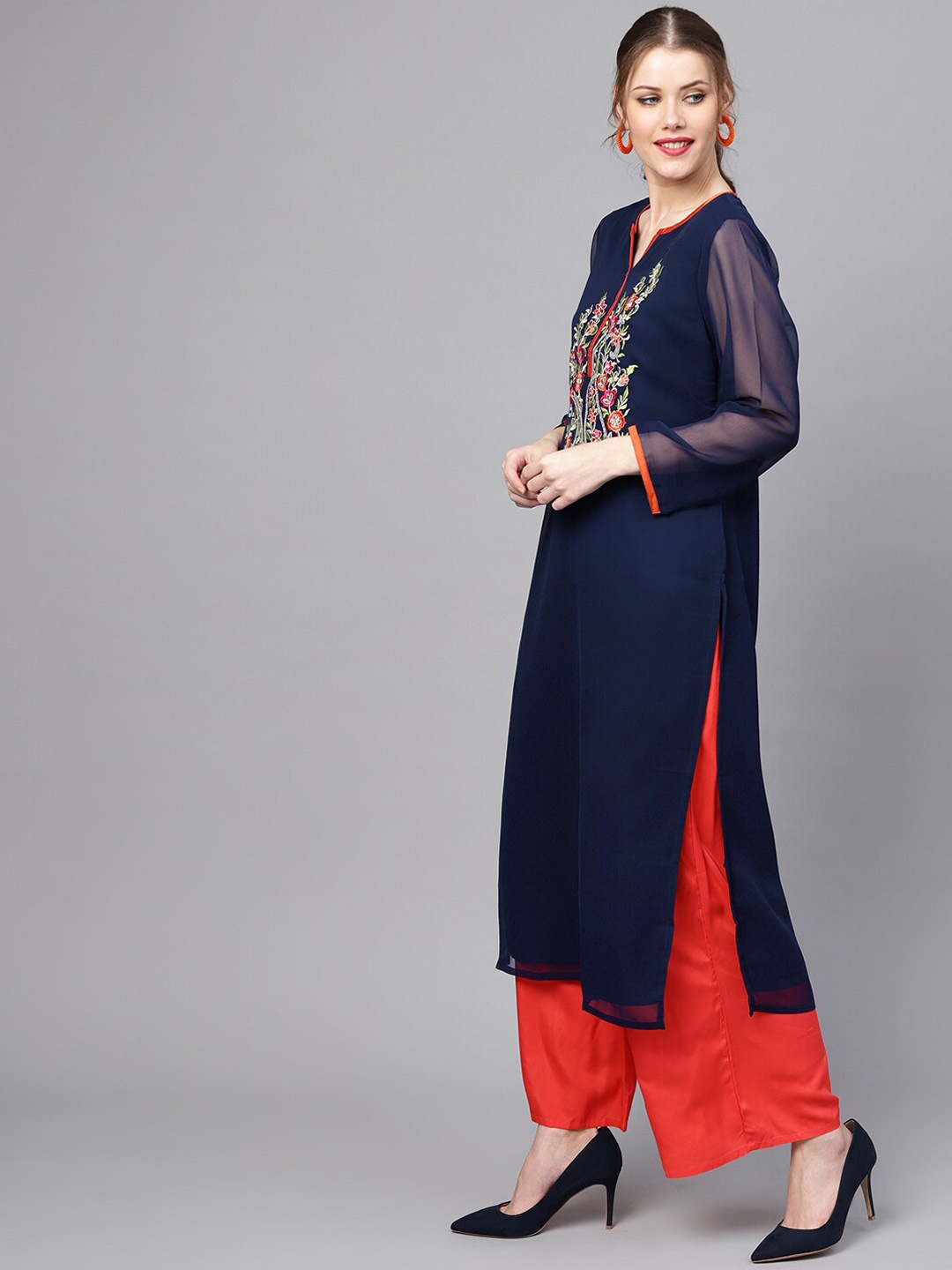 

ZOEYAMS Women Navy Blue Embroidered Straight Kurta