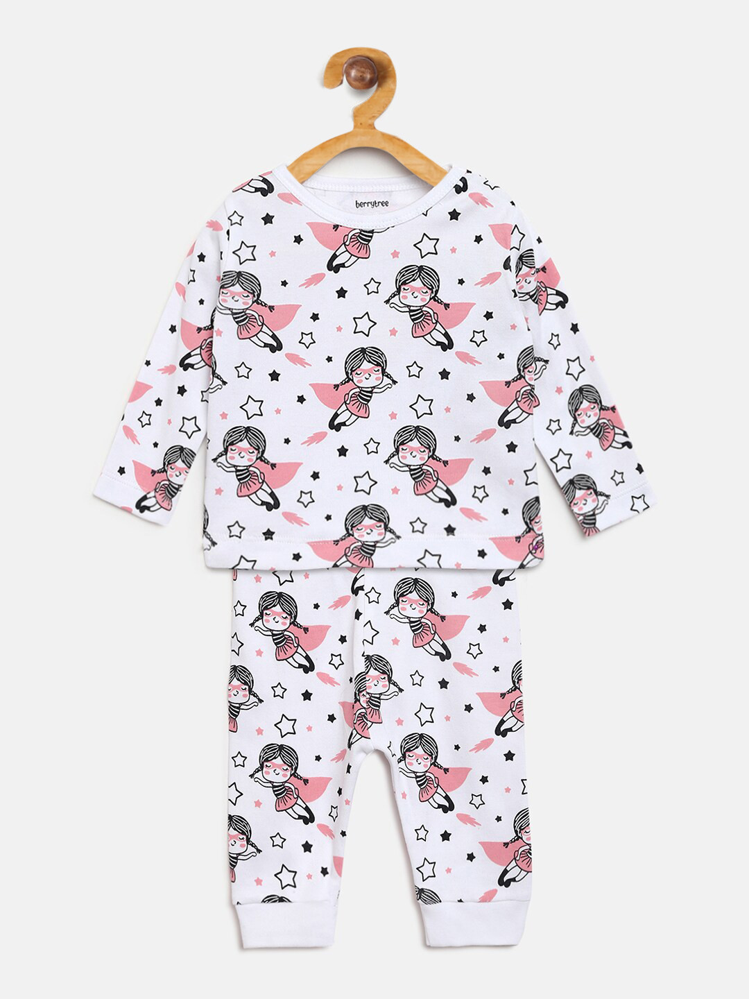 

berrytree Infant Kids Pink & White Printed Organic Cotton Sustainable Night suit