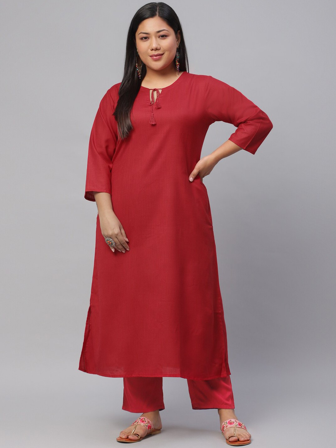 

EXTRA LOVE BY LIBAS Plus Size Women Maroon Tie-Up Neck Kurta