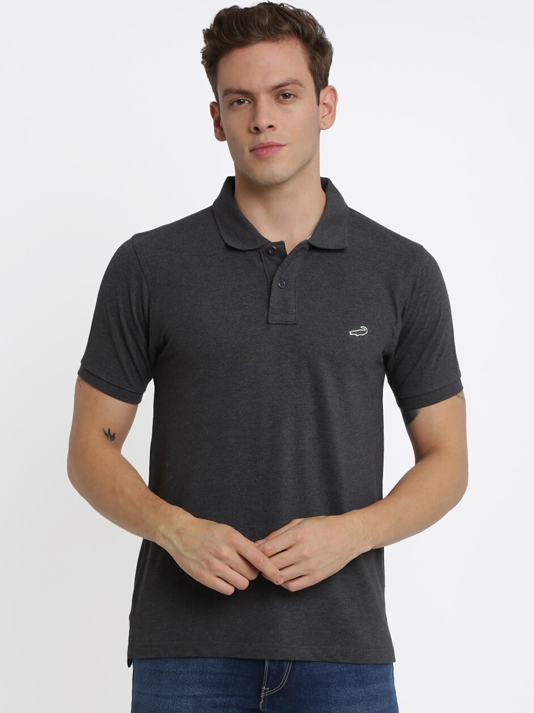 

Crocodile Men Grey Solid Polo Collar T-shirt