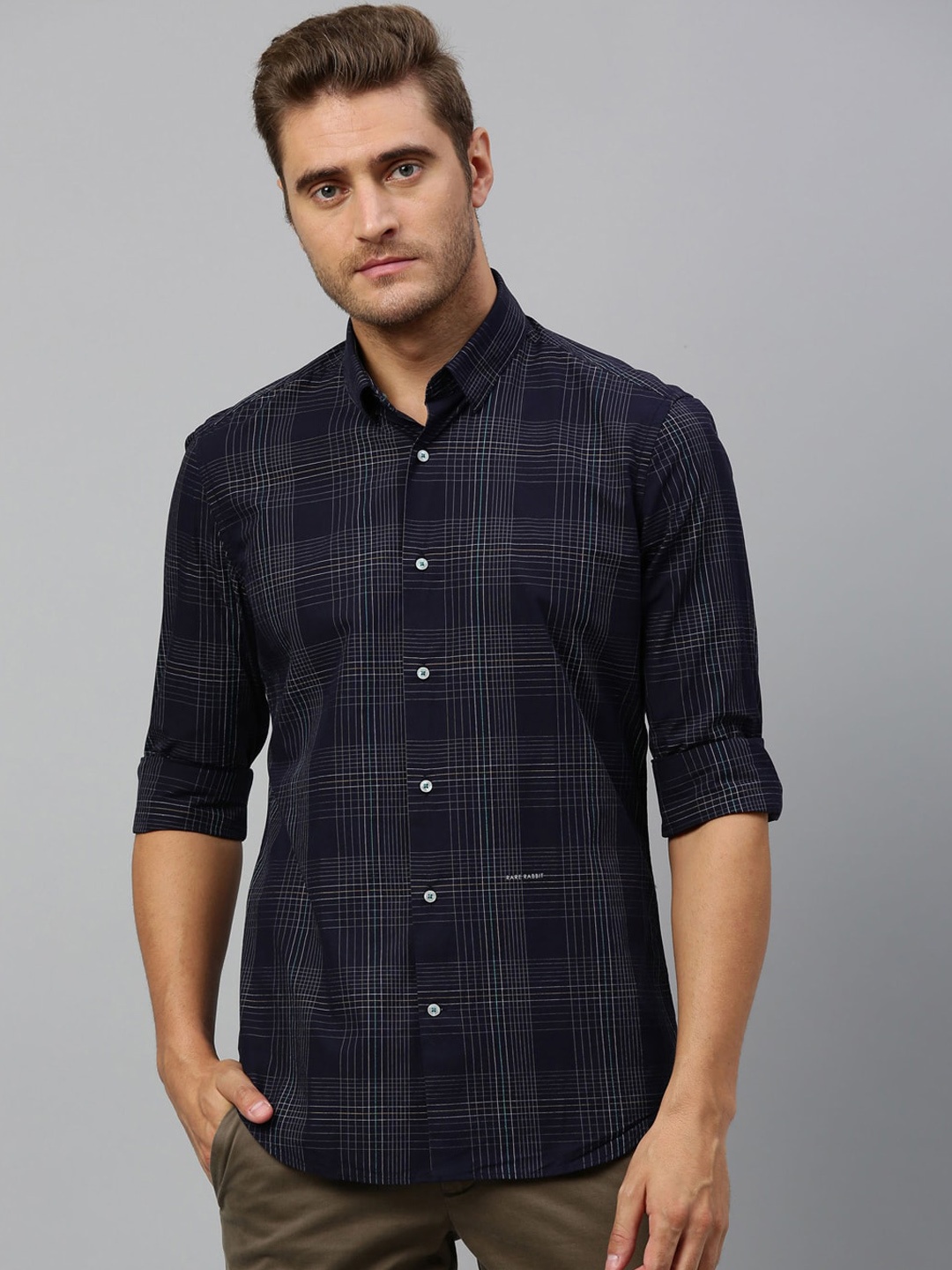 

RARE RABBIT Men Navy Blue Regular Fit Checked Casual Shirt