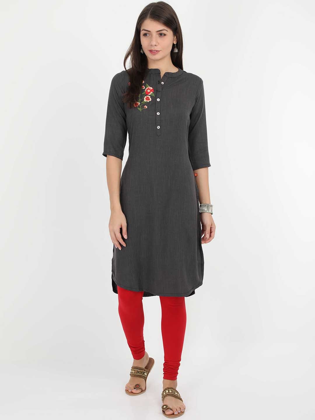 

Alena Women Black & Pink Floral Embroidered Straight Kurta