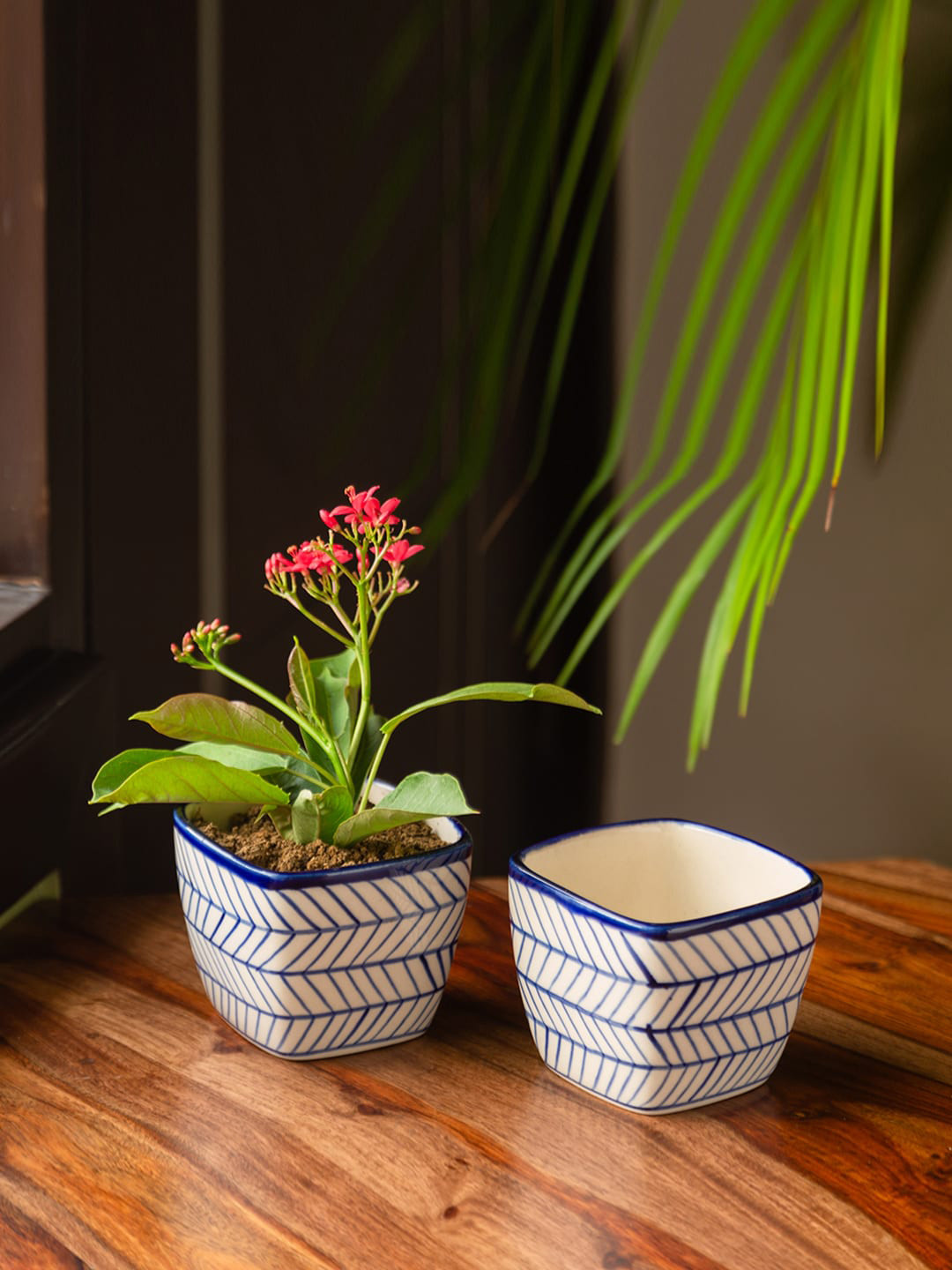 

ExclusiveLane Set of 2 Blue and White Hand-Painted Planters