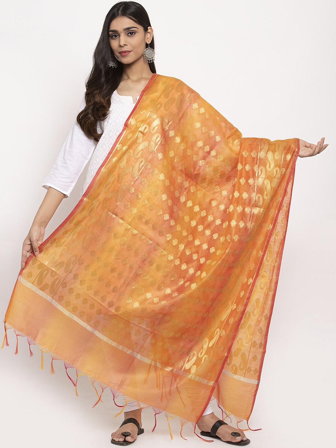 

LOOM LEGACY Orange & Gold-Toned Jacquard Woven Design Dupatta