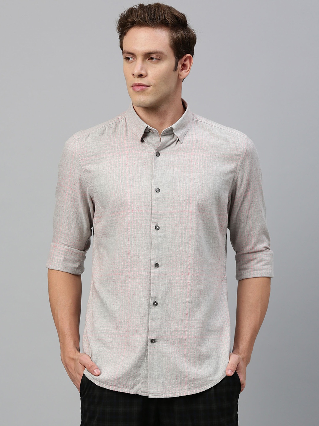

RARE RABBIT Men Grey & Pink Regular Fit Self Design Casual Shirt