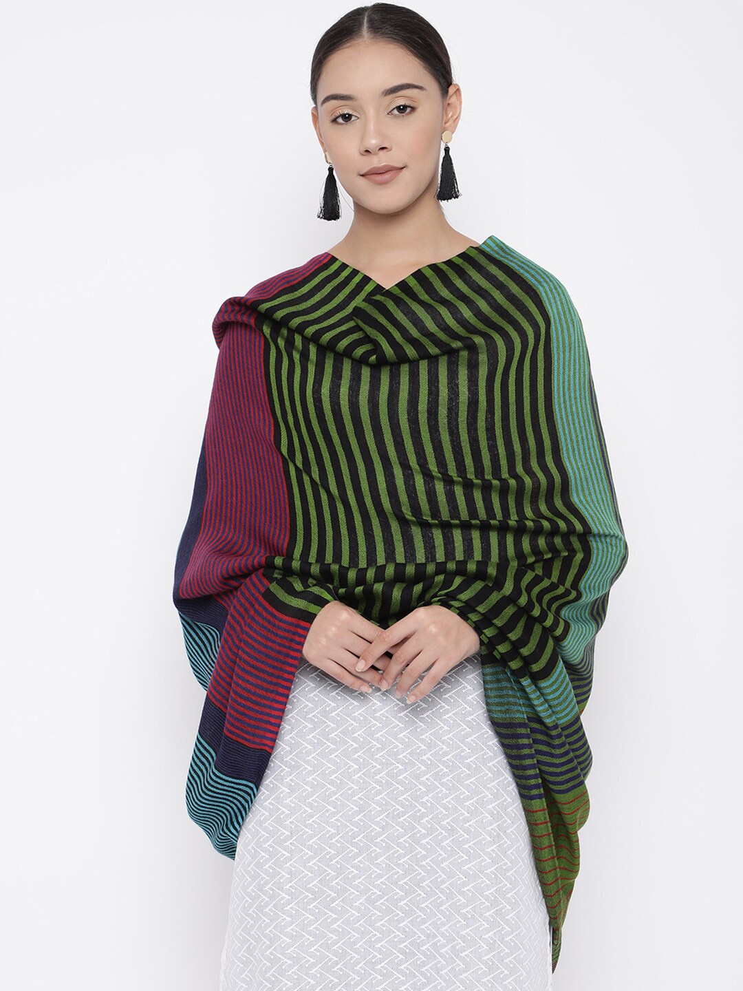 

Pashmoda Women Black & Green Striped Woolmark Certified Pure Wool Shawl
