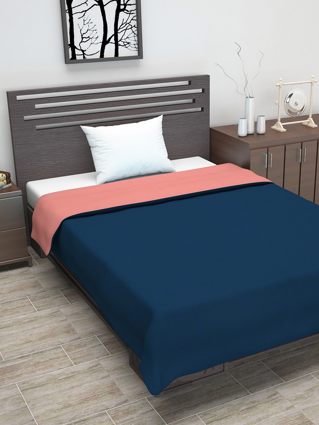 Divine Casa Peach-Coloured & Navy Blue Solid AC Room 110 GSM Single Bed Dohar