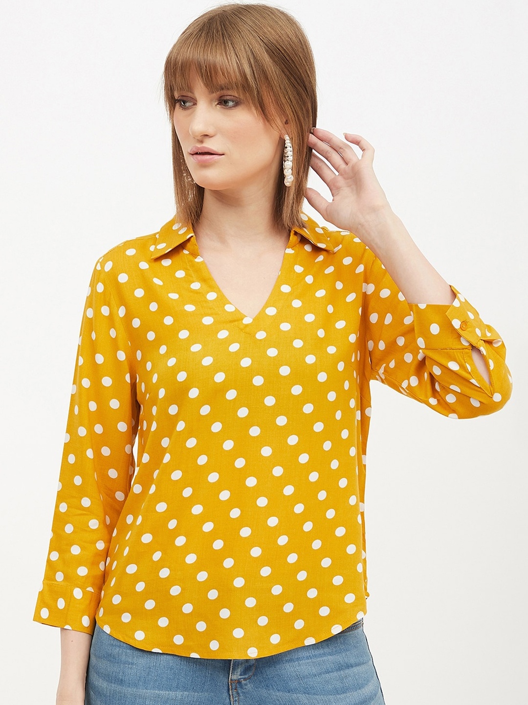 

Harpa Women Mustard Yellow & White Printed Top