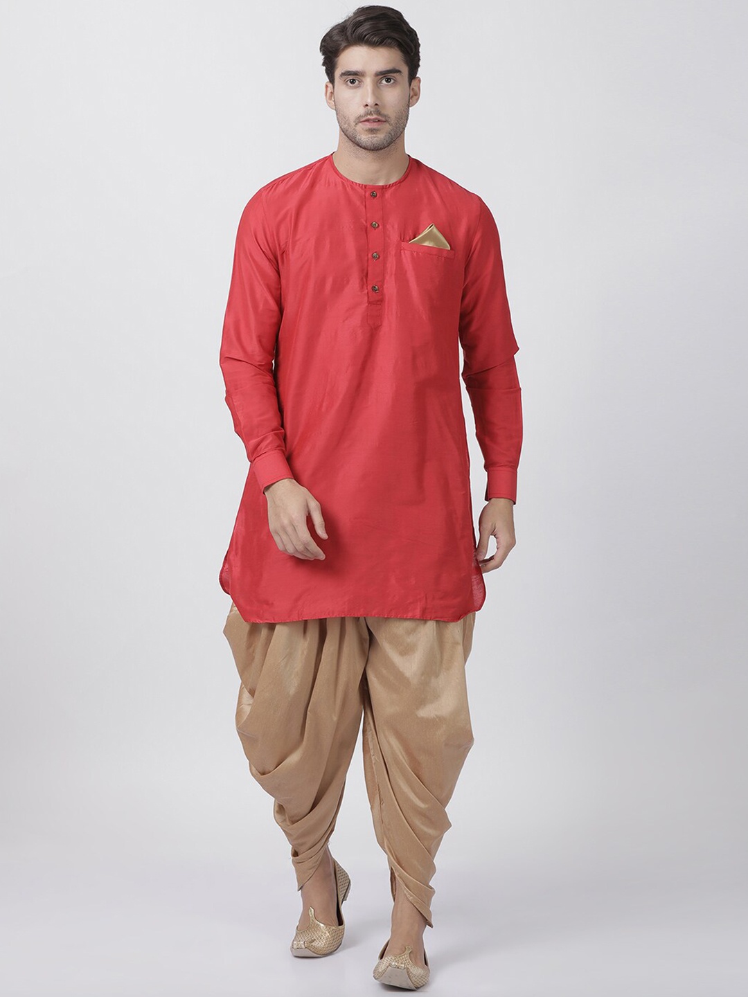 

VASTRAMAY Men Red & Gold-Coloured Solid Kurta with Dhoti Pants