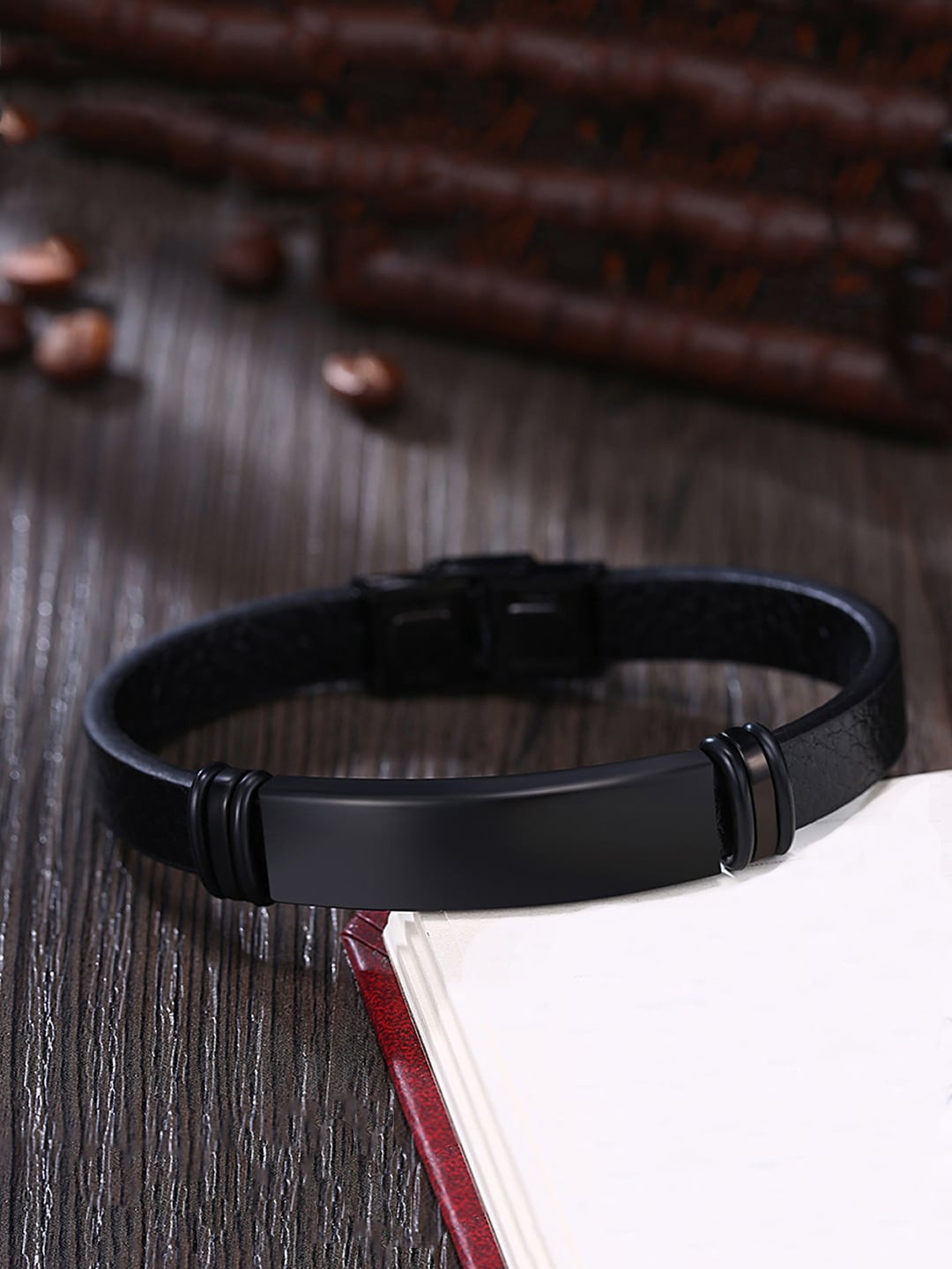 

Yellow Chimes Men Black Leather Wraparound Bracelet