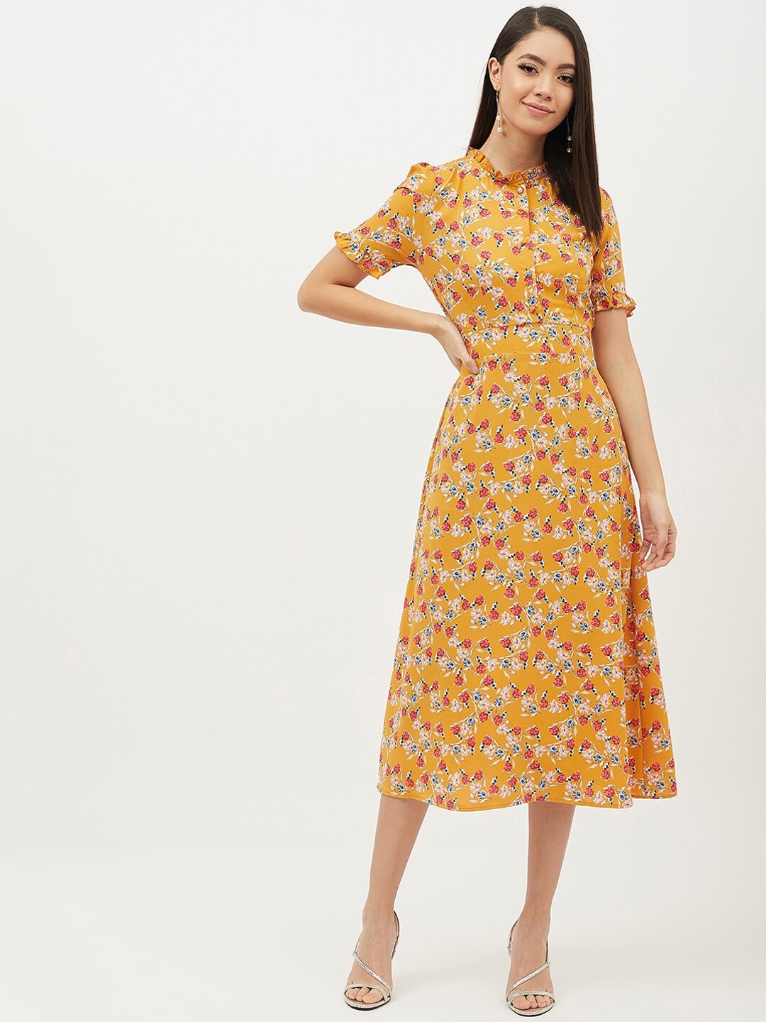 

Harpa Women Mustard Yellow Printed Fit and Flare Dress