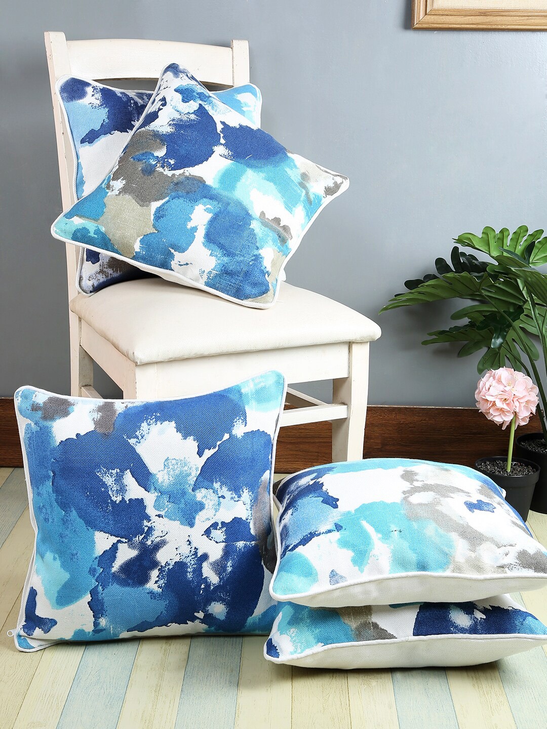 Soumya Blue & White Set of 5 Floral Square Cushion Covers