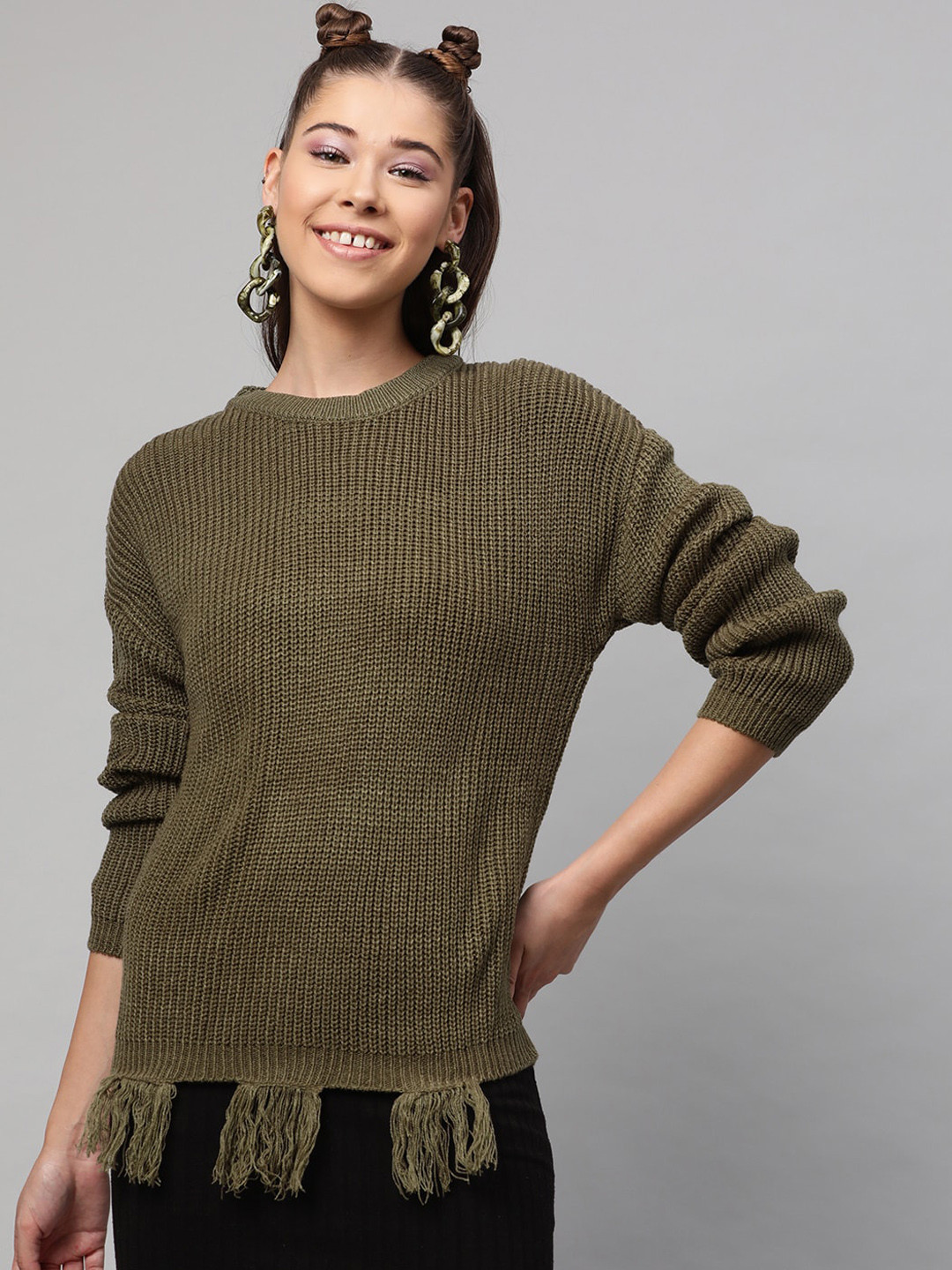 

STREET 9 Women Olive Green Ribbed Acrylic Pullover Sweater