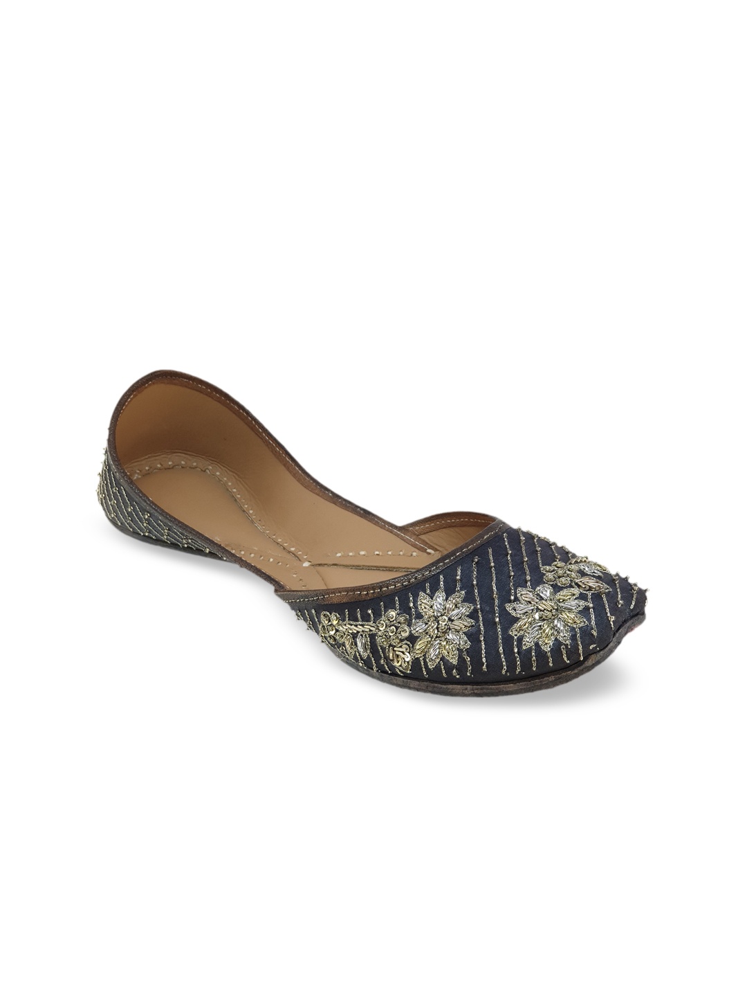 

Fulkari Women Grey & Gold-Toned Embellished Leather Mojaris