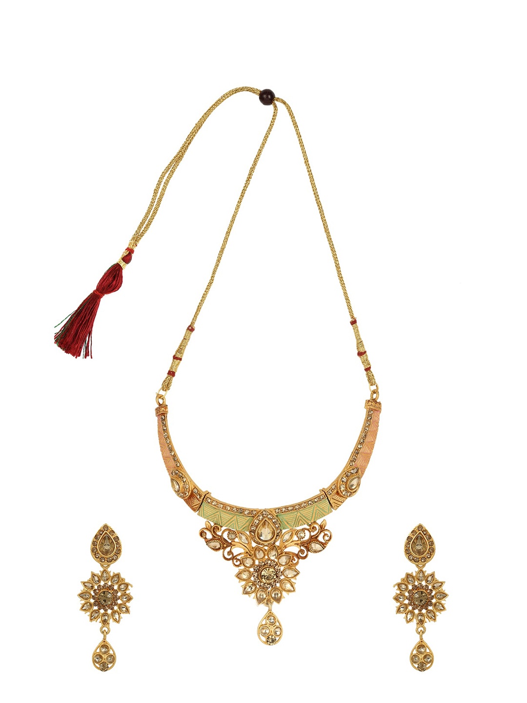 

ANIKAS CREATION Gold-Plated Sea Green & Brown Stone-Studded Enamelled Traditional Jewellery Set