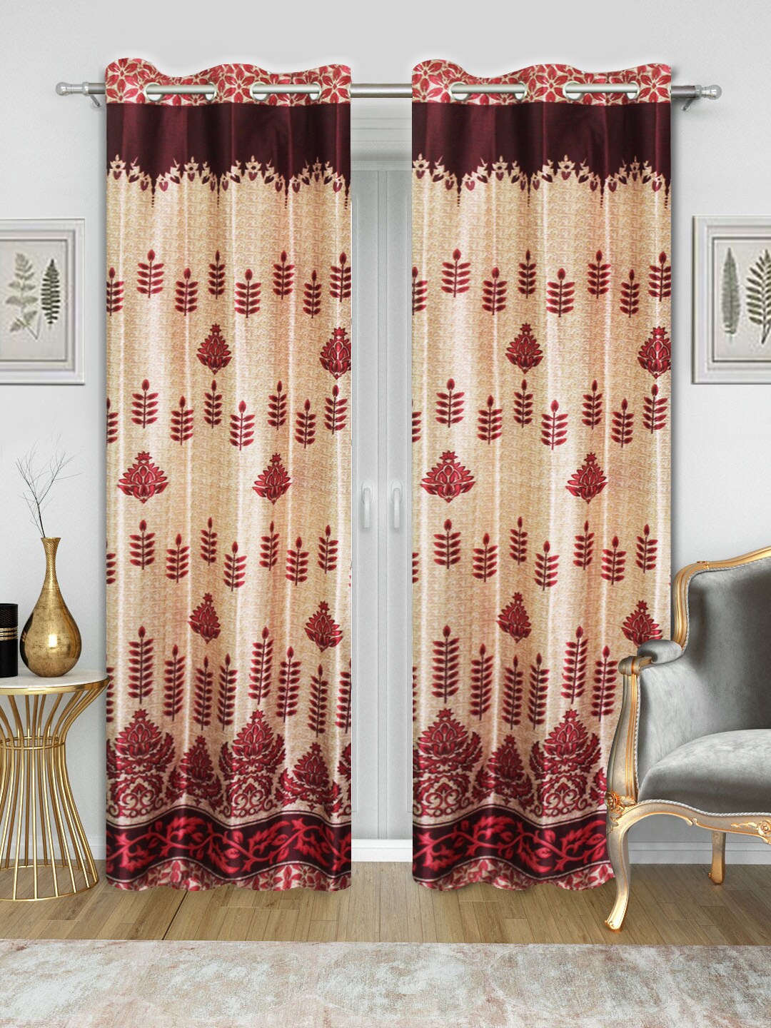 Good Homes by Home Candy Set of 2 Cream-Coloured & Maroon Floral Print Door Curtains