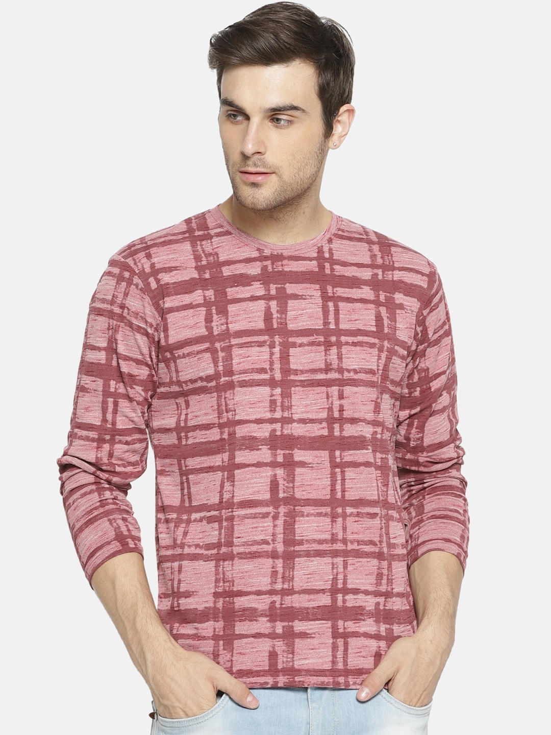 

Campus Sutra Men Pink & Mauve Checked T-shirt