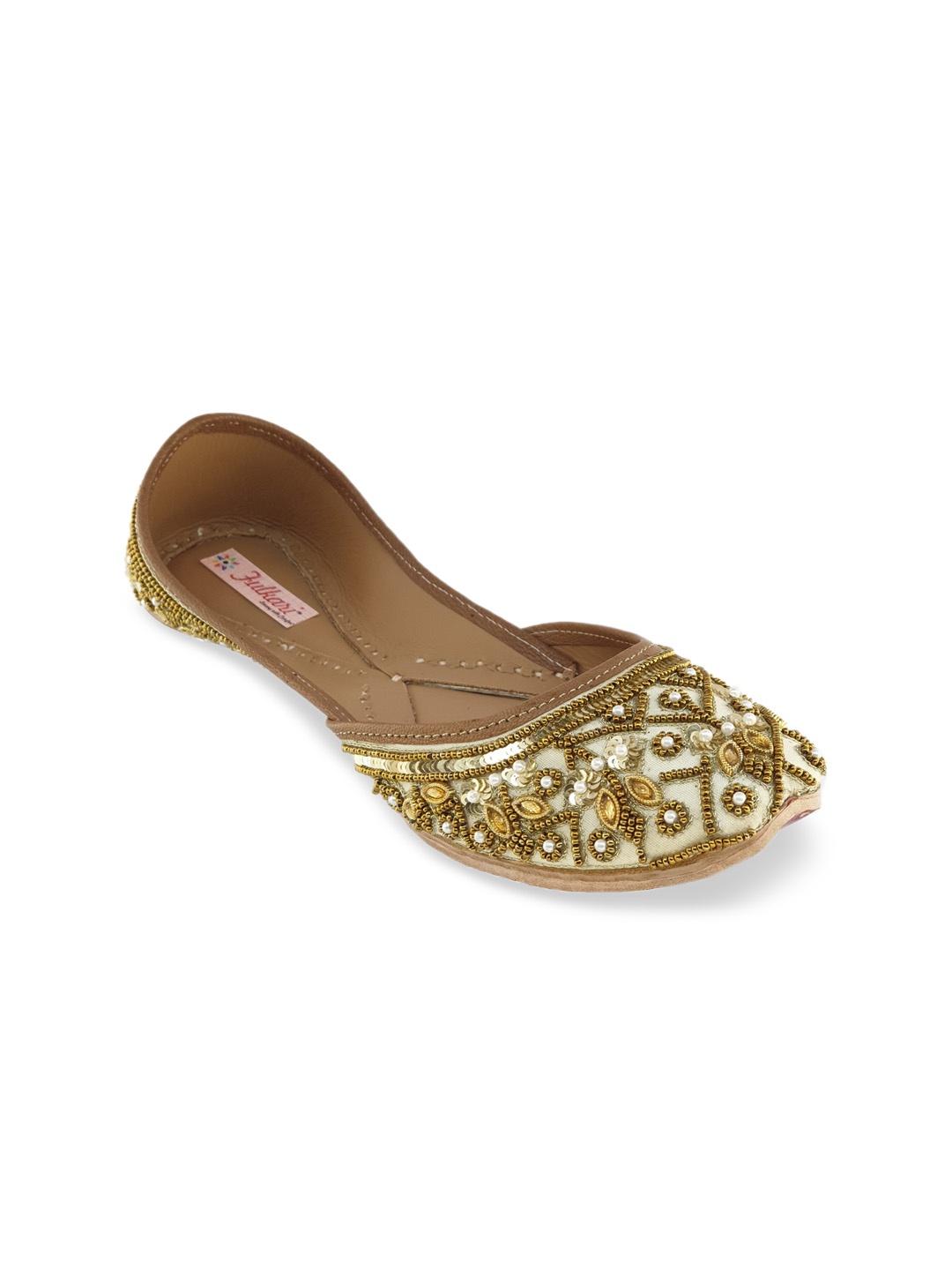 

Fulkari Women Beige & Gold-Toned Embellished Leather Mojaris