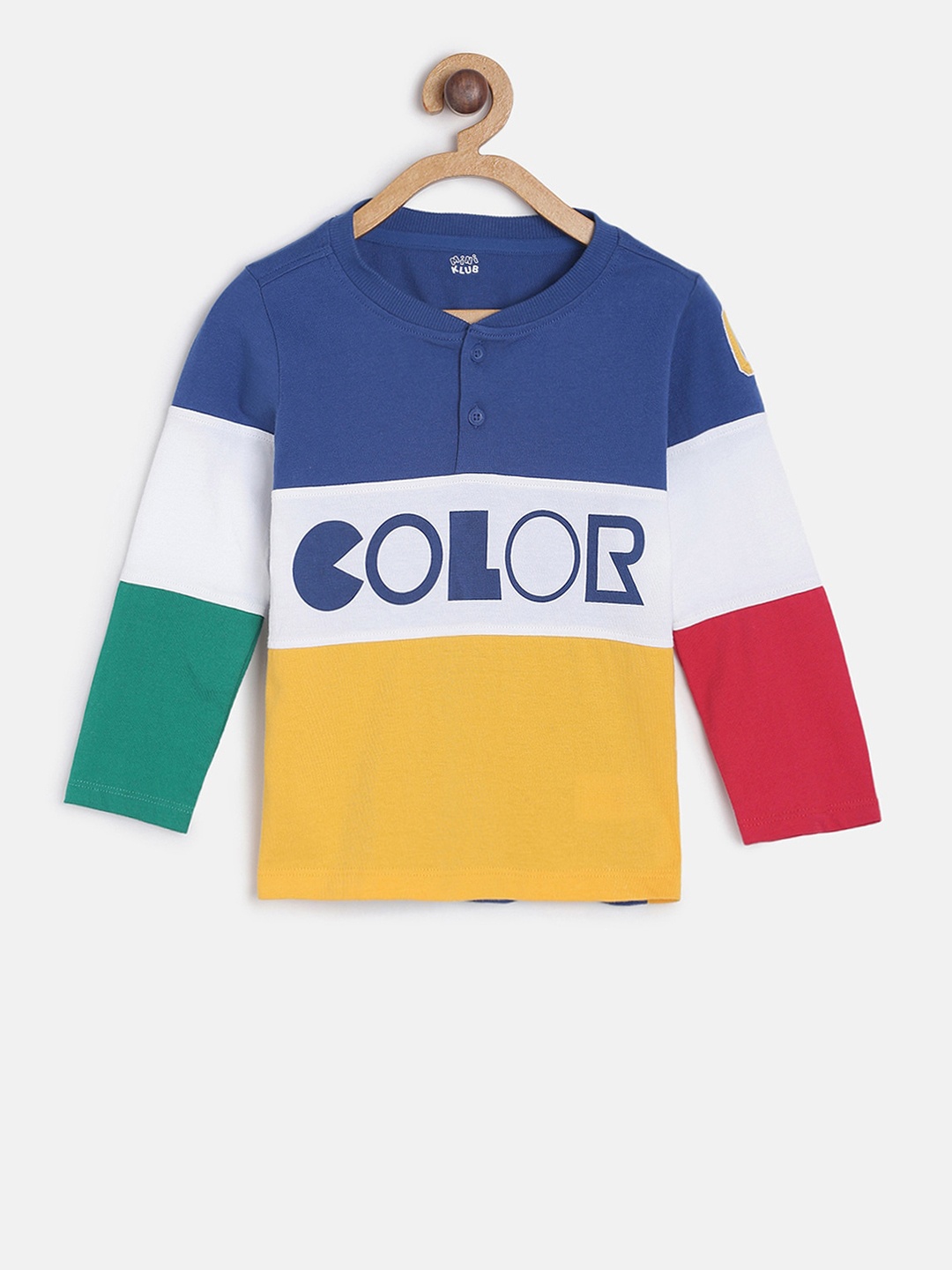

MINI KLUB Boys Blue Orange Colourblocked Henley Neck Pure Cotton T-shirt